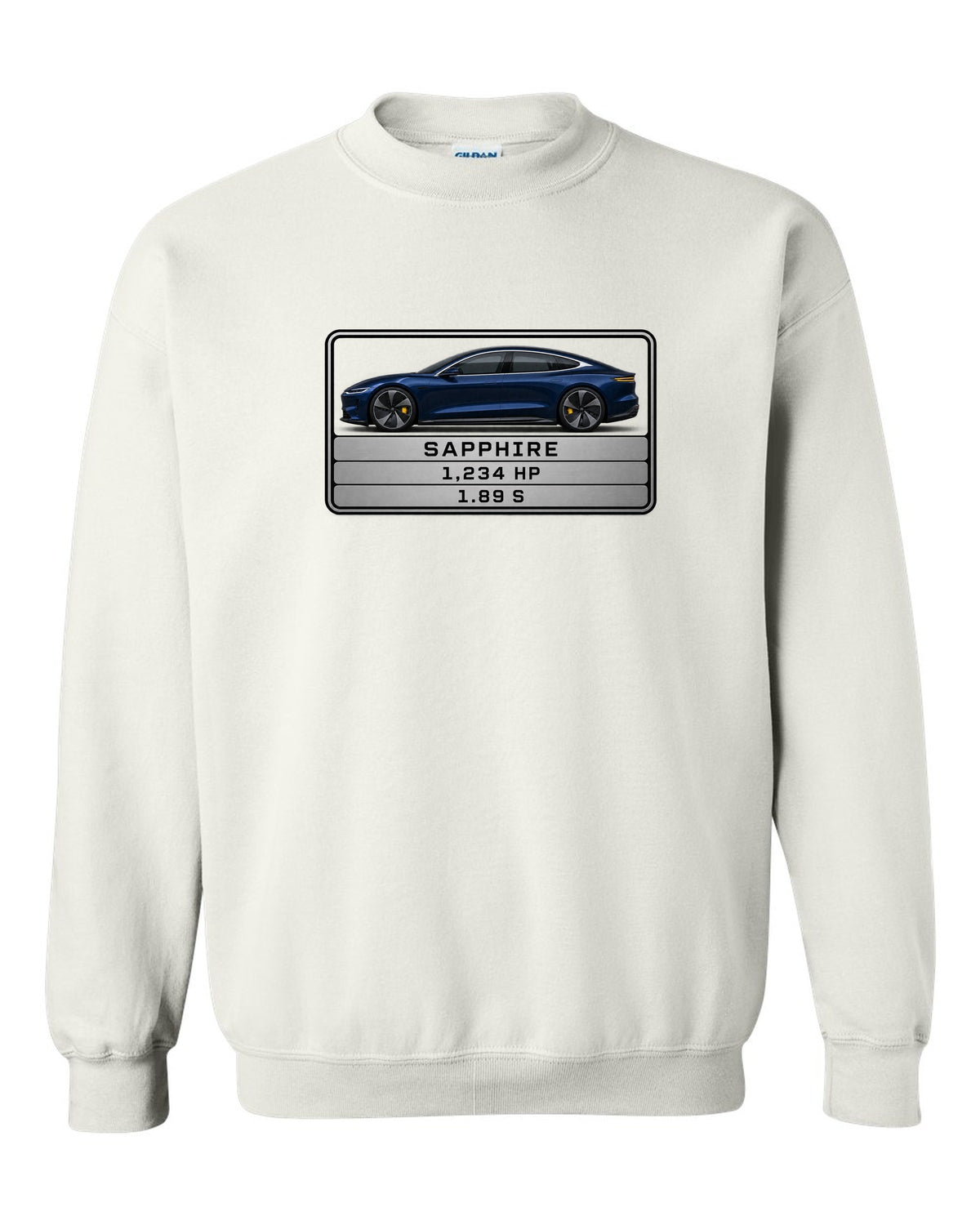 Lucid Air Sapphire monospaced spec data plate print with the text Sapphire 1,234 hp 1.89 s white crewneck front view with the design