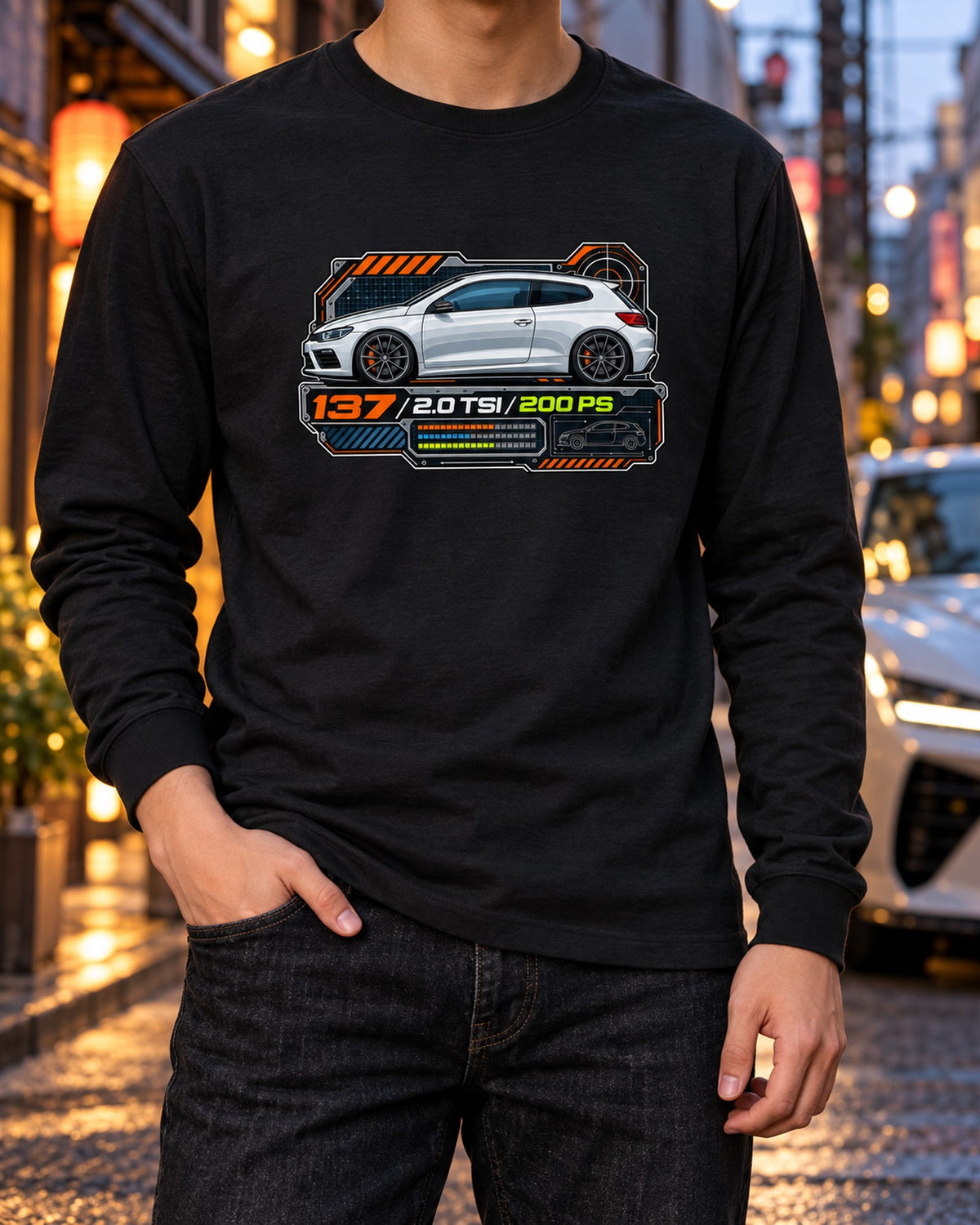 VW Scirocco Mk3 2.0 TSI 200 PS Spec Sheet Data Plate Shirt Long Sleeve Black worn hero