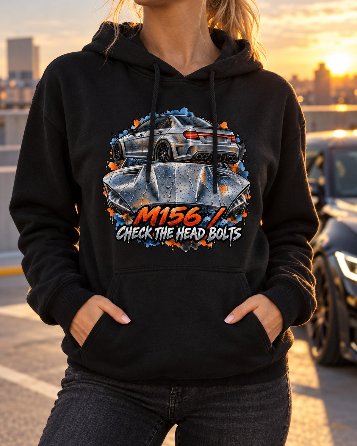 Mercedes C63 AMG W204 Cross-Drilled Brake Blueprint Shirt Pull Over Hoodie Black worn hero