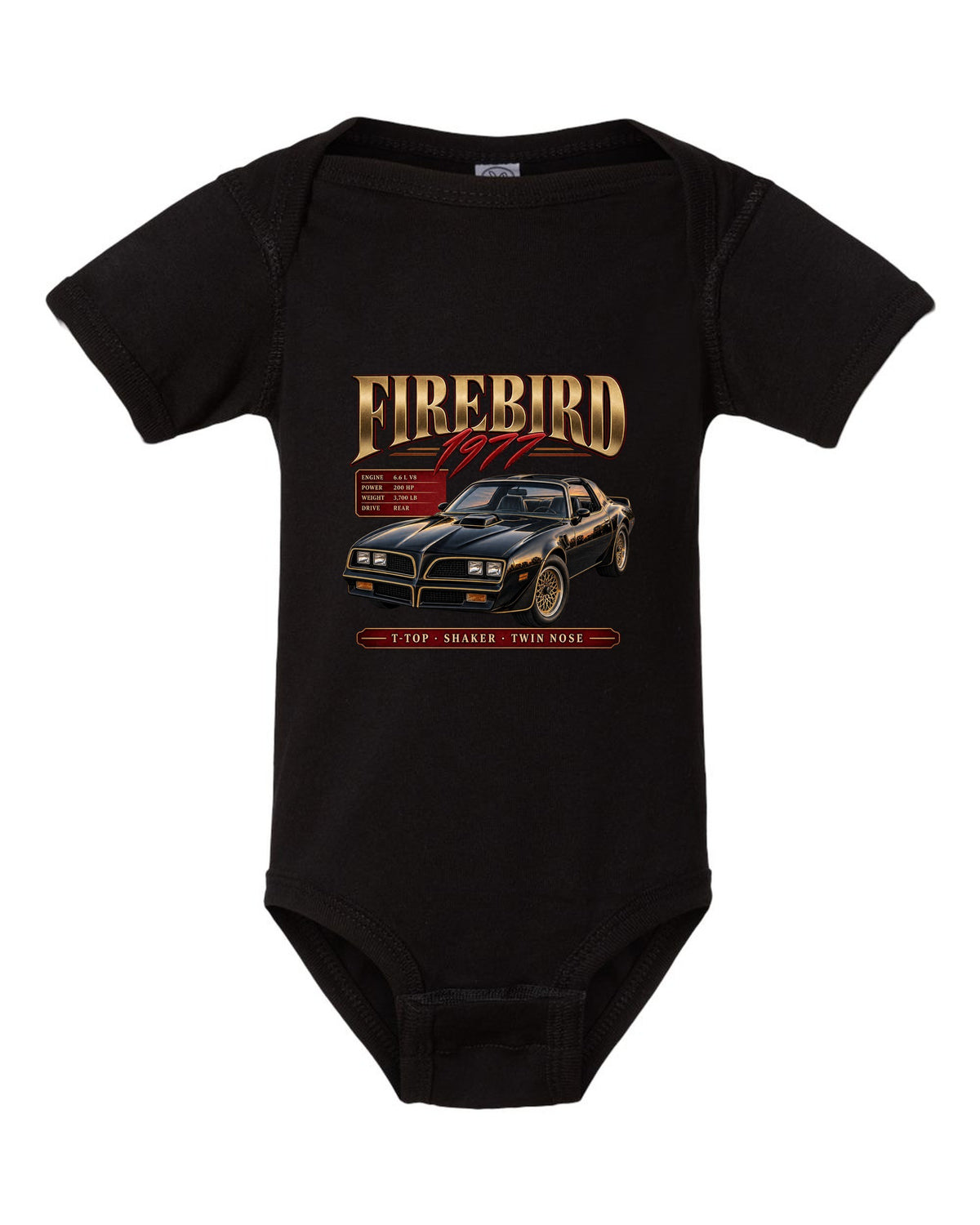print archive panel of a 1977 Pontiac Firebird T-top with shaker and twin nose lettering black baby onesie front view with the design