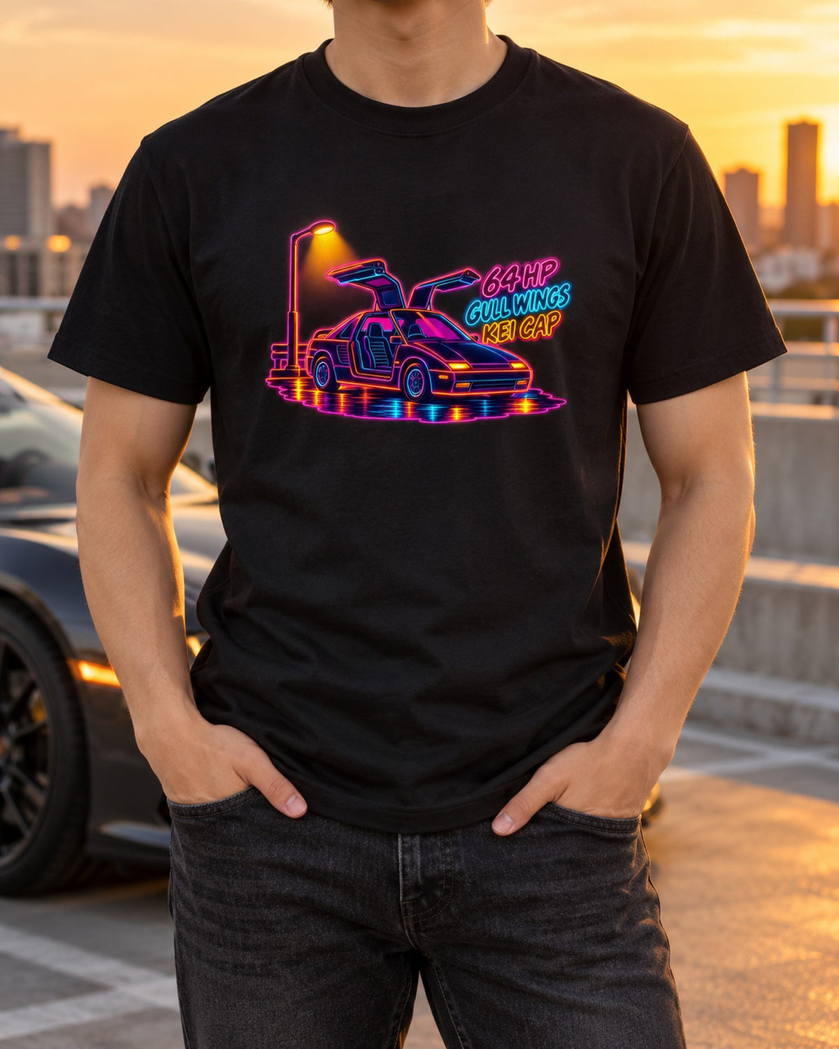 Autozam AZ-1 PG6SA Gull-Wing Night Parking Neon Line Art Shirt T-Shirt Black worn hero