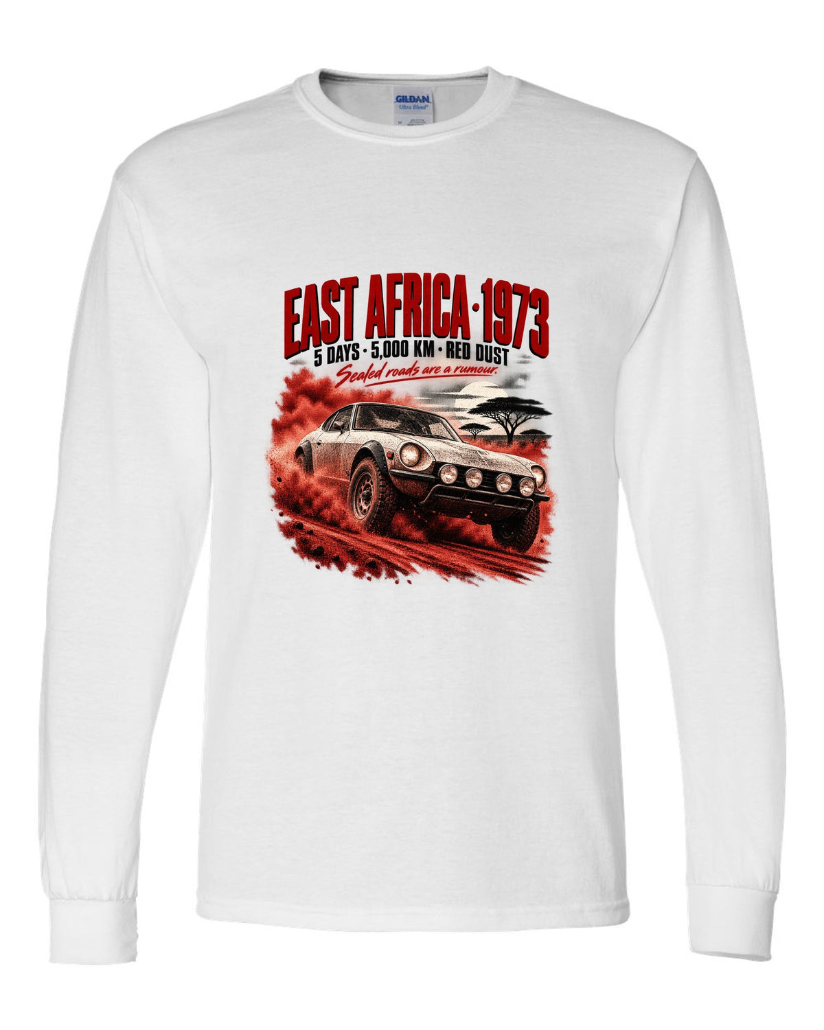Rally poster print of a 1973 Datsun 240Z S30 rally car for East Africa white long sleeve front view with the design
