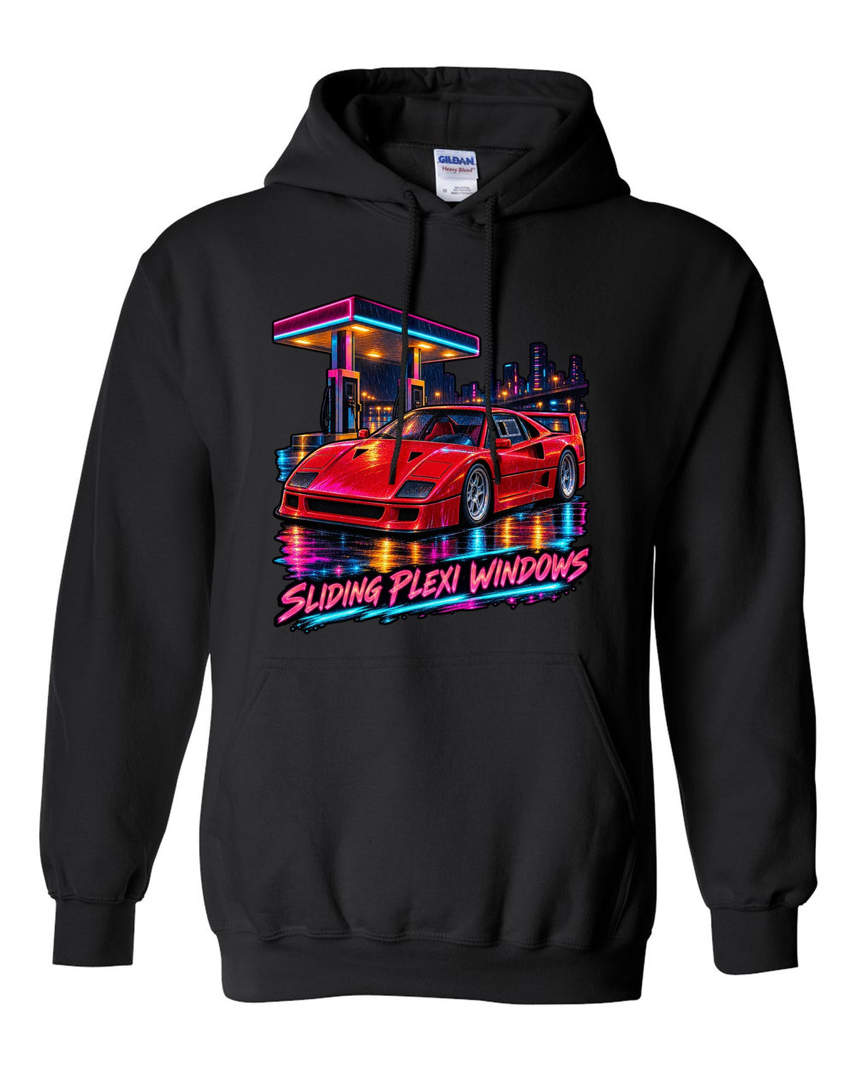 Neon night-city gouache print of a 1987 Ferrari F40 F120 with sliding plexi windows text black pull over hoodie front view with the design