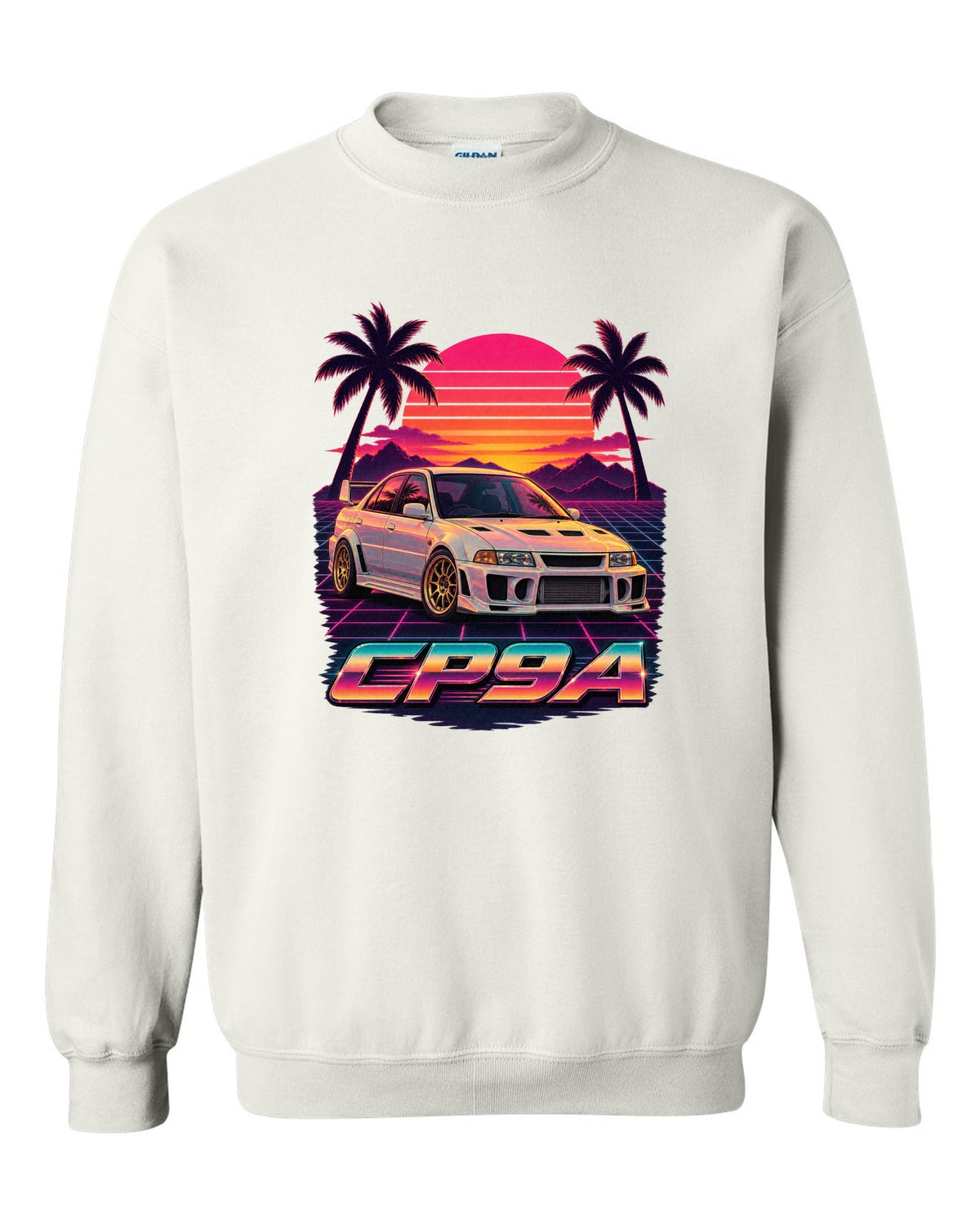 Synthwave sunset poster of a Mitsubishi Lancer Evolution V CP9A with palm trees white crewneck front view with the design