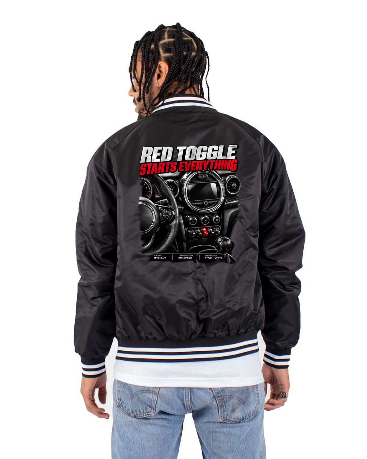 F56 Mini Cooper JCW Red Toggle Cockpit Tee, Interior Print Bomber Jacket Black back