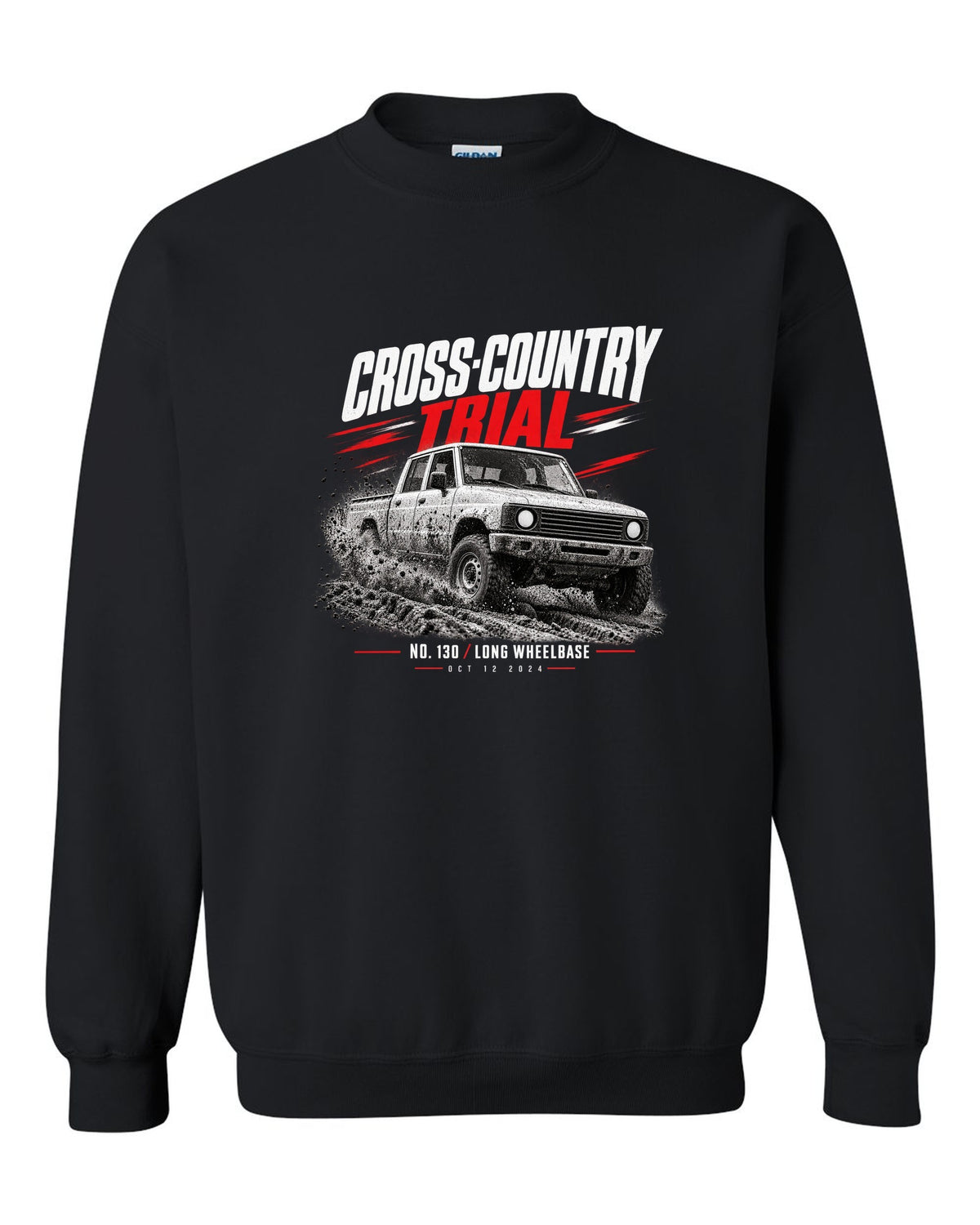 Land Rover Defender 130 cross-country trial race poster print black crewneck front view with the design