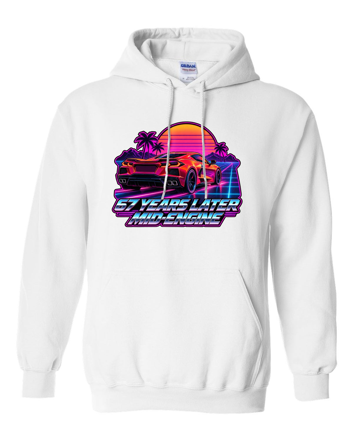 Spec-sheet data plate with overhead view of a 2023 C8 Corvette Z06 white pull over hoodie front view with the design