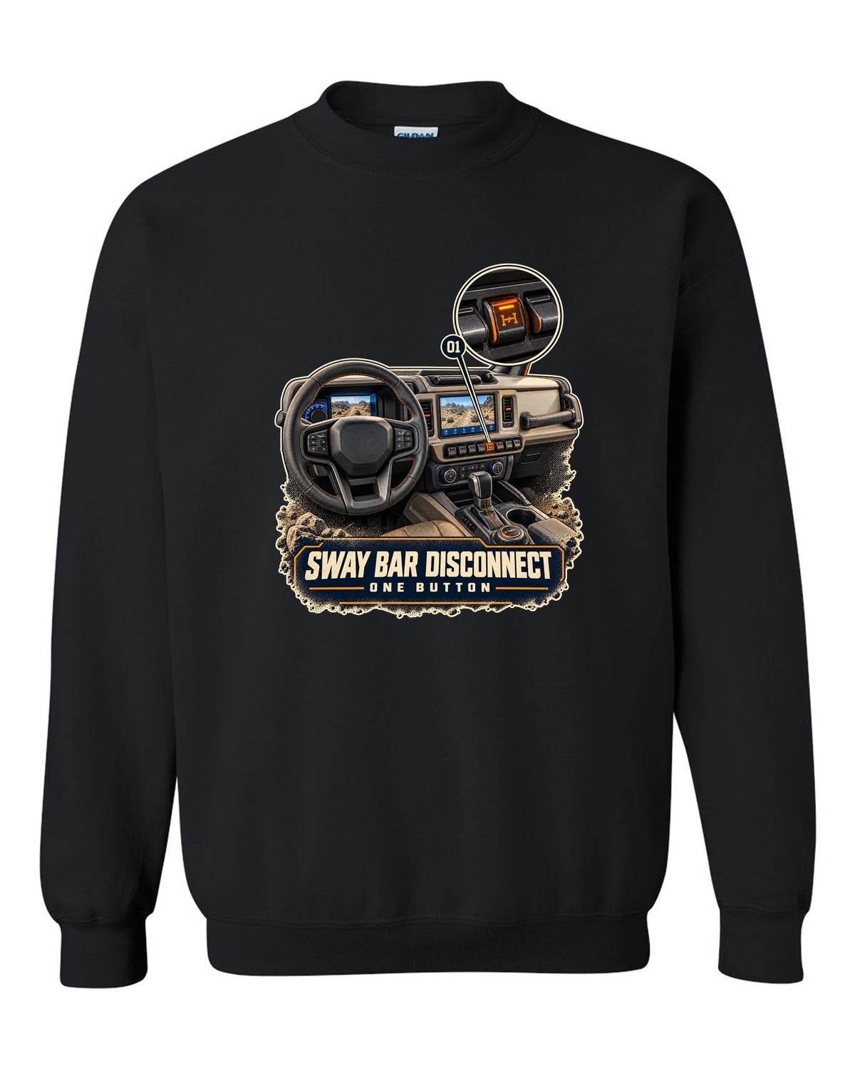 Ford Bronco Badlands dash with sway bar disconnect switch print black crewneck front view with the design