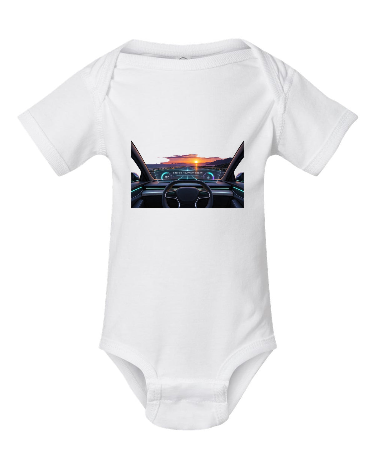 Lucid Air Sapphire gauge cluster HUD print with the text 0.197 Cd slippery sedan white baby onesie front view with the design