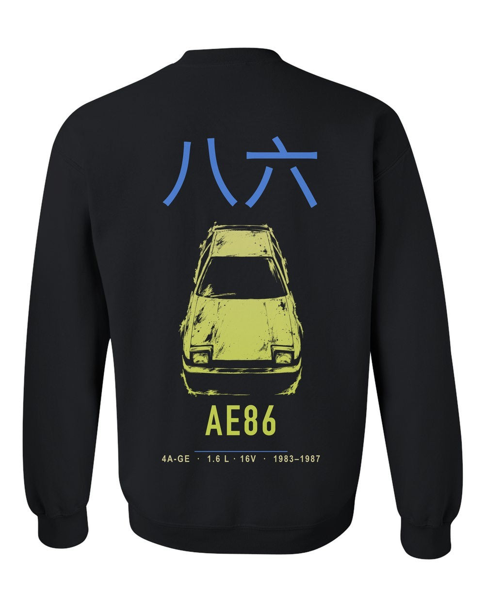 AE86 full-back artwork black crewneck back view with the design