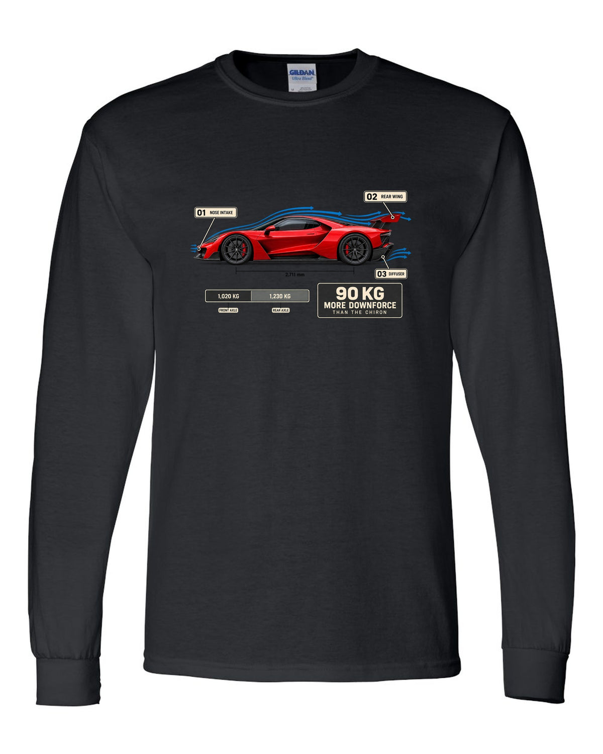 Bugatti Divo aero callouts diagram print about downforce versus Chiron black long sleeve front view with the design