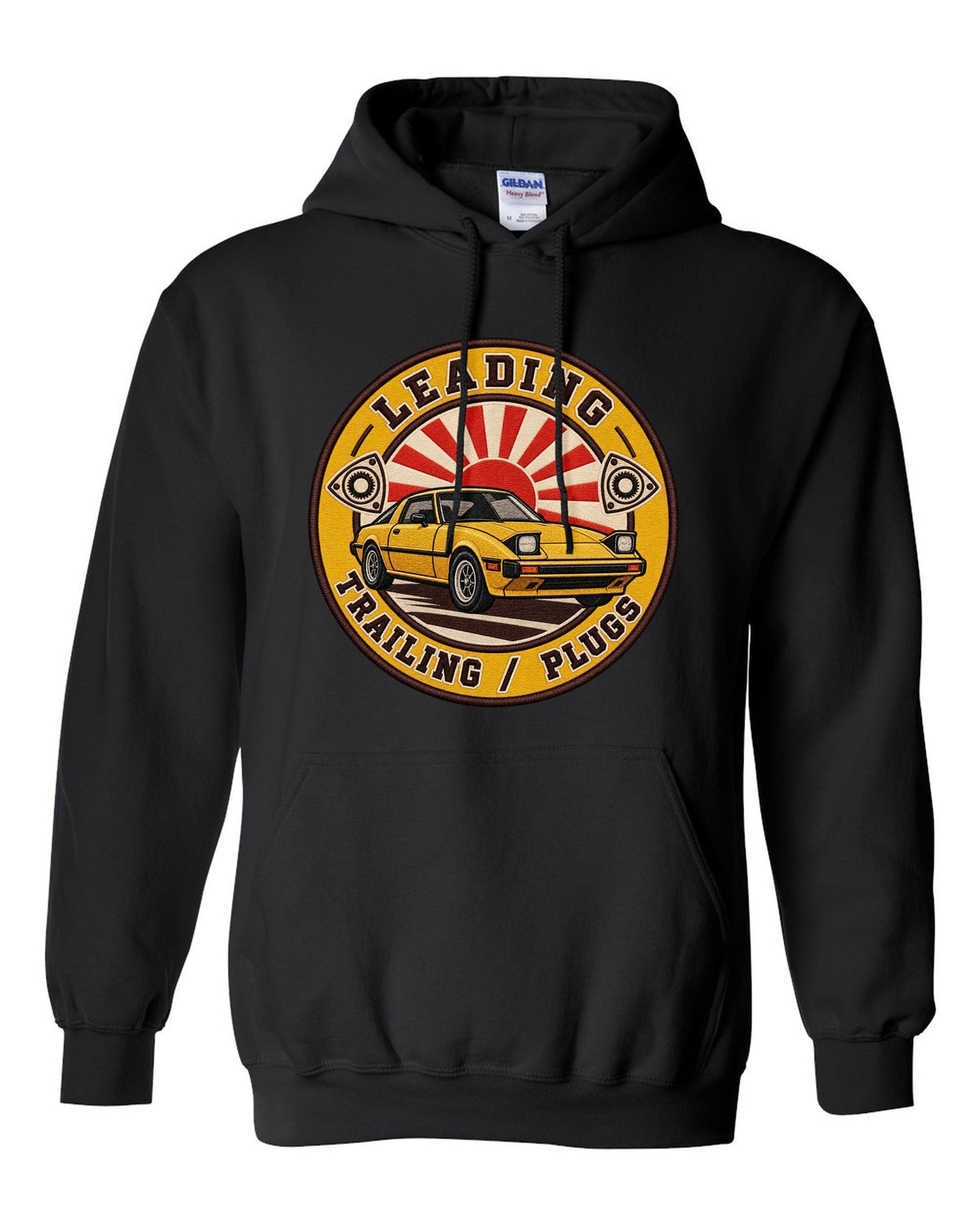 Embroidery-style roundel crest of a Mazda RX-7 SA22C with rotary plug text black pull over hoodie front view with the design