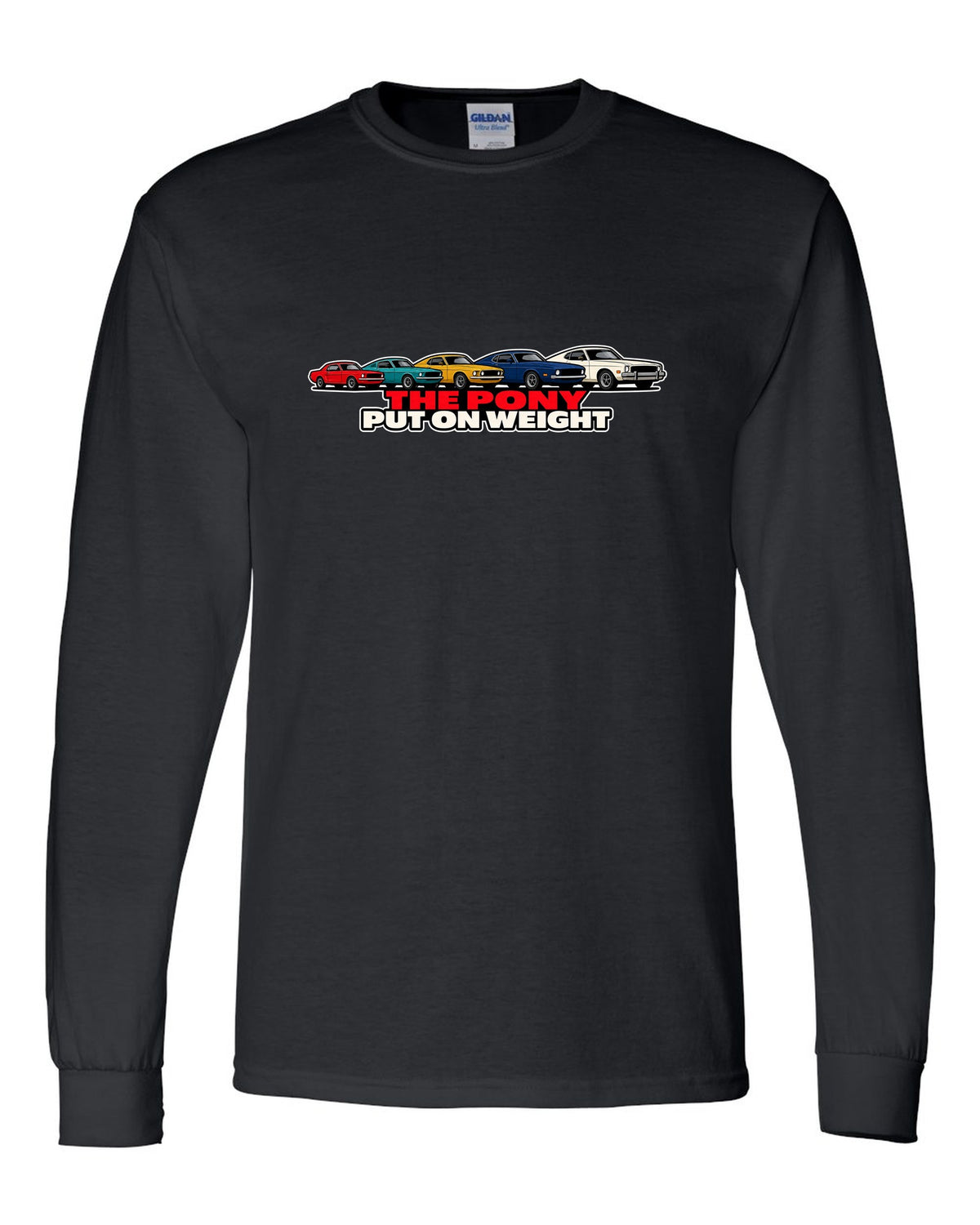 Generation evolution lineup print of five first-generation Ford Mustangs 1965-73 black long sleeve front view with the design