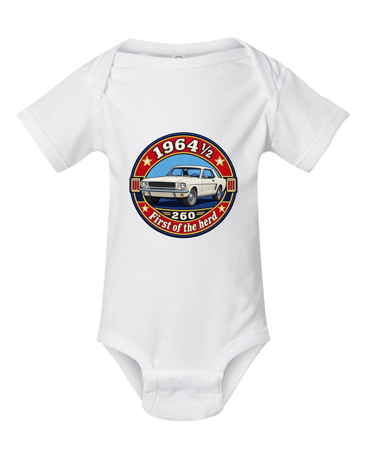 Varsity crest design of a 1964½ Ford Mustang coupe with 260 lettering white baby onesie front view with the design
