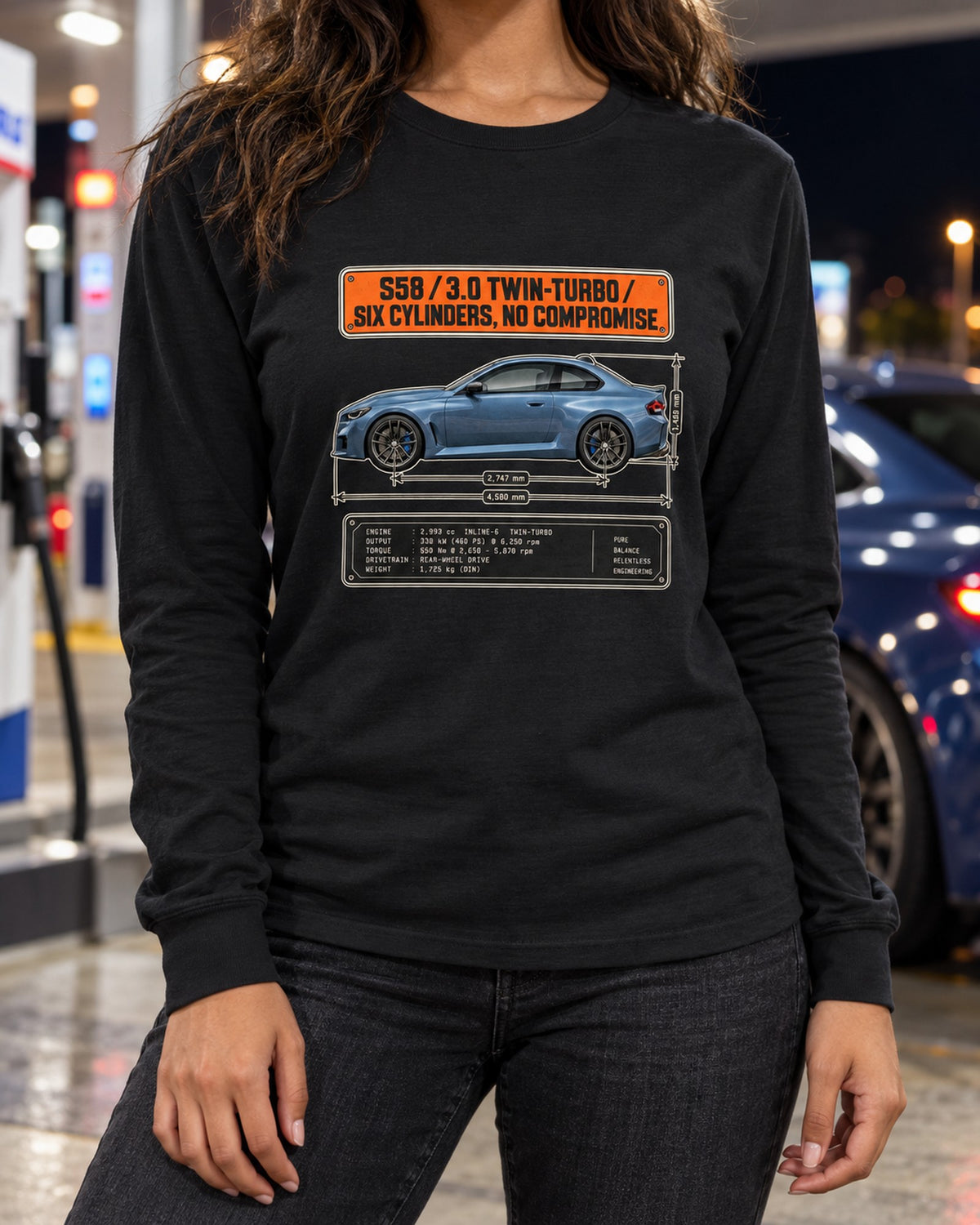 BMW M2 G87 Dimension Blueprint Tee, S58 Six-Cylinder Car Shirt Long Sleeve Black worn hero