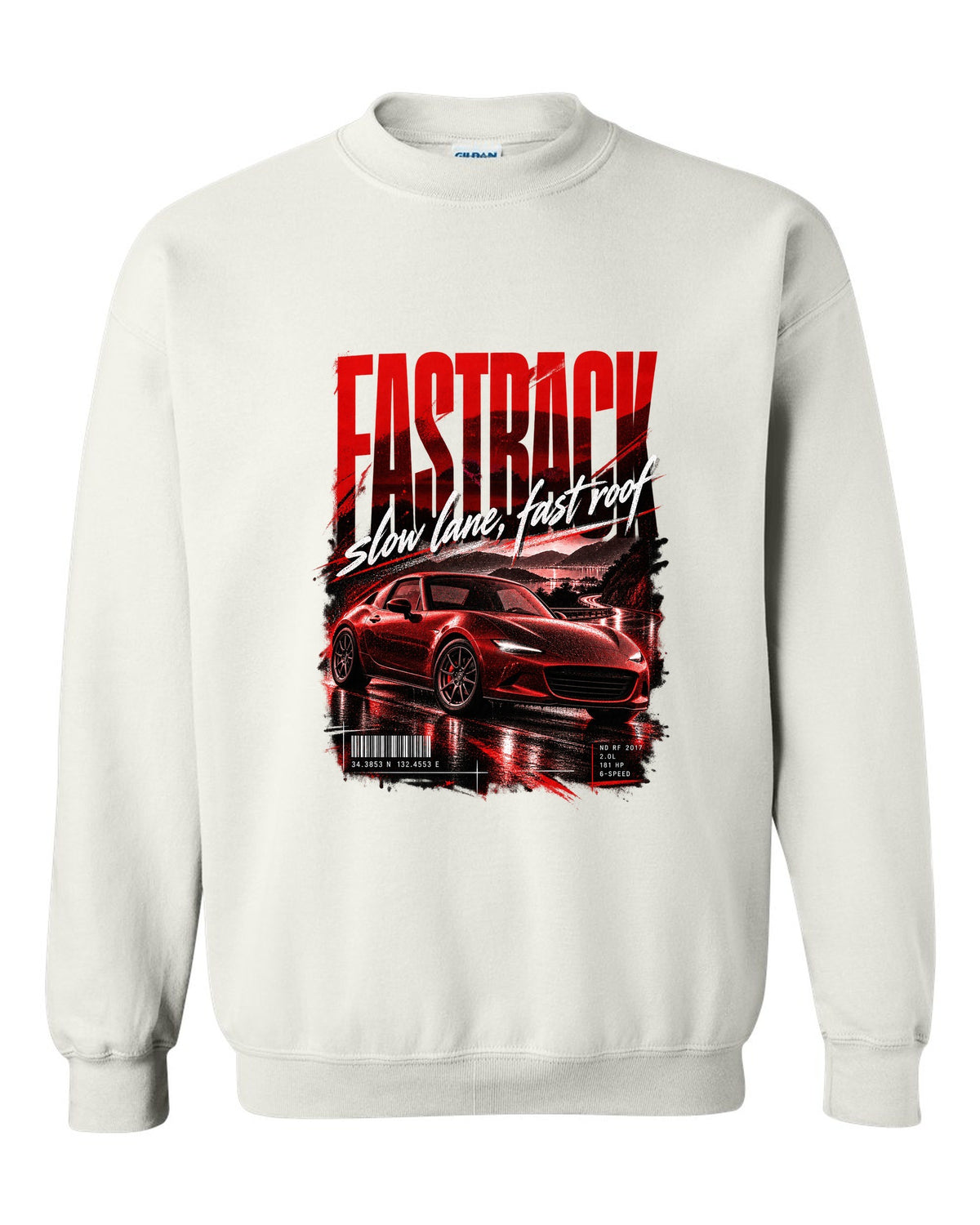 Street poster print for the 2017 Mazda MX-5 ND RF reading fastback, slow lane, fast roof white crewneck front view with the design