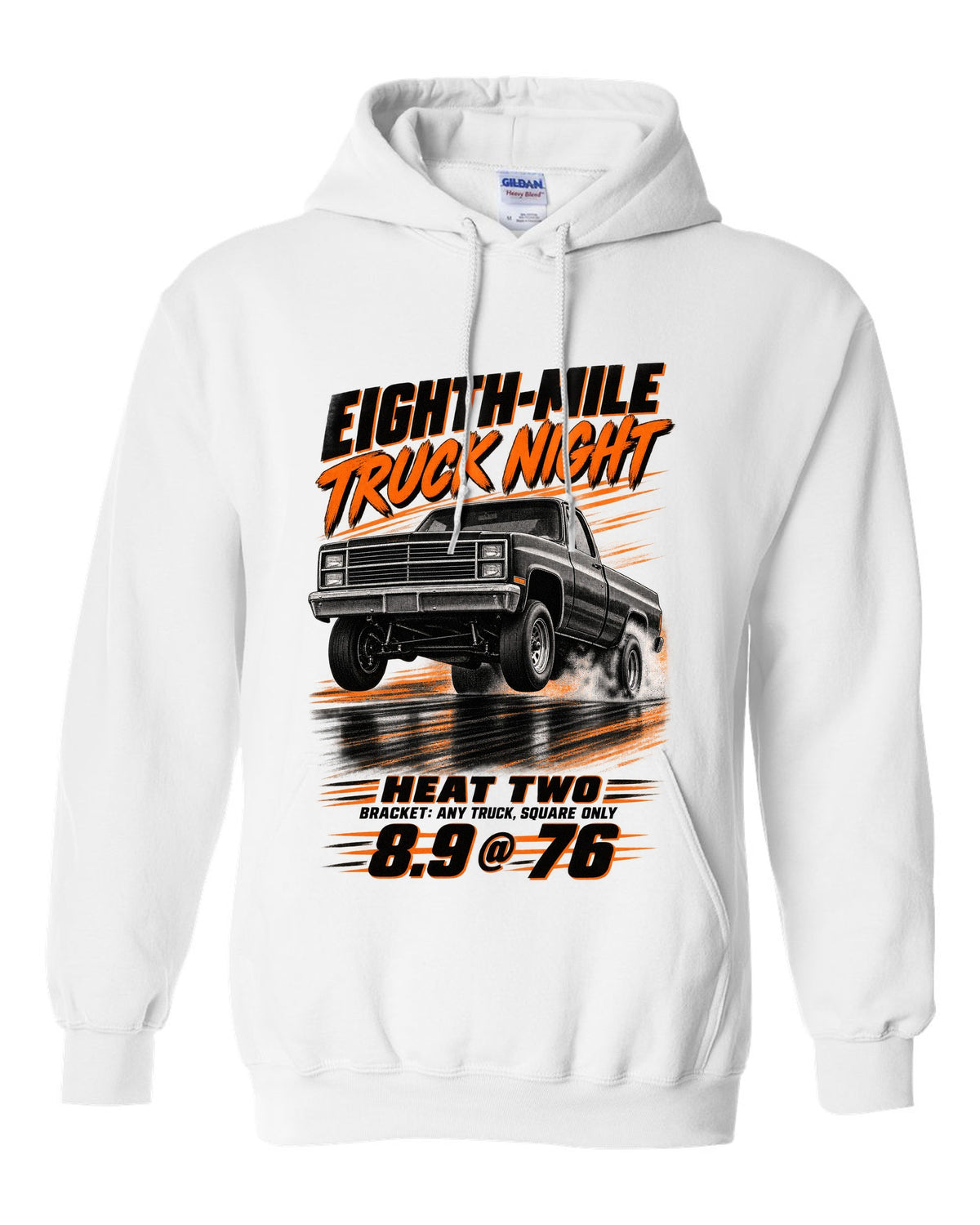 Squarebody C10 eighth-mile race poster print white pull over hoodie front view with the design