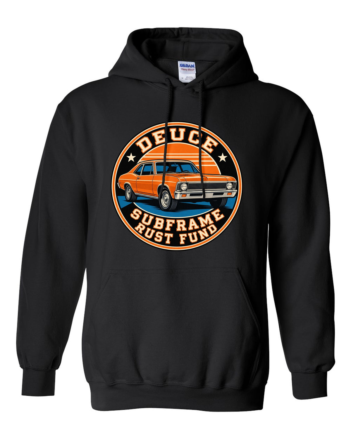 1968 Nova X-body in a round varsity crest with text Deuce Subframe Rust Fund black pull over hoodie front view with the design