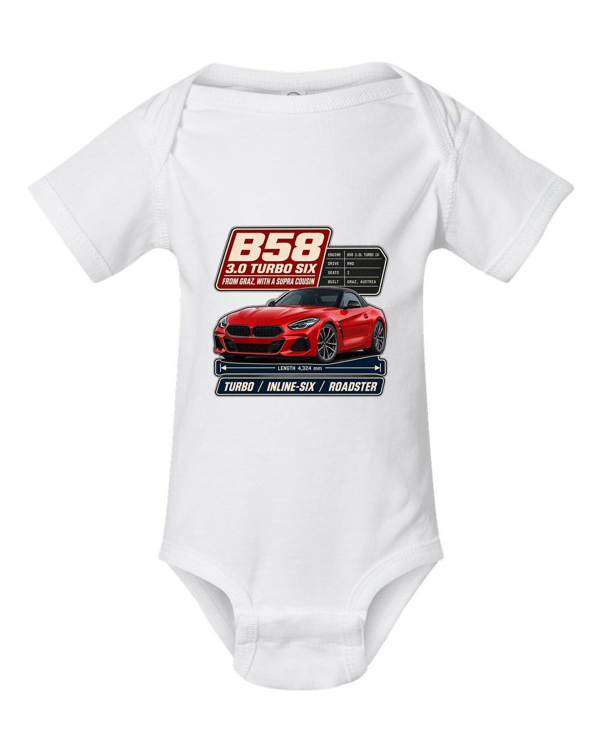 Spec poster print of the BMW Z4 M40i with B58 3.0 turbo six notes white baby onesie front view with the design