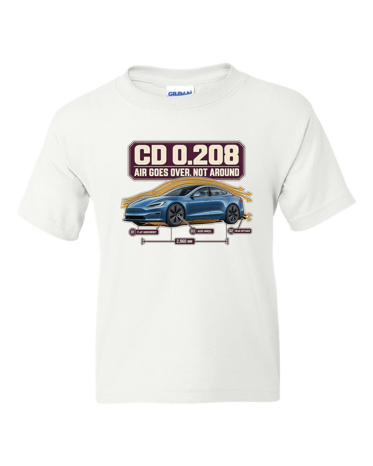 Aero callout print of a Tesla Model S Plaid with drag coefficient 0.208 white kids tee front view with the design