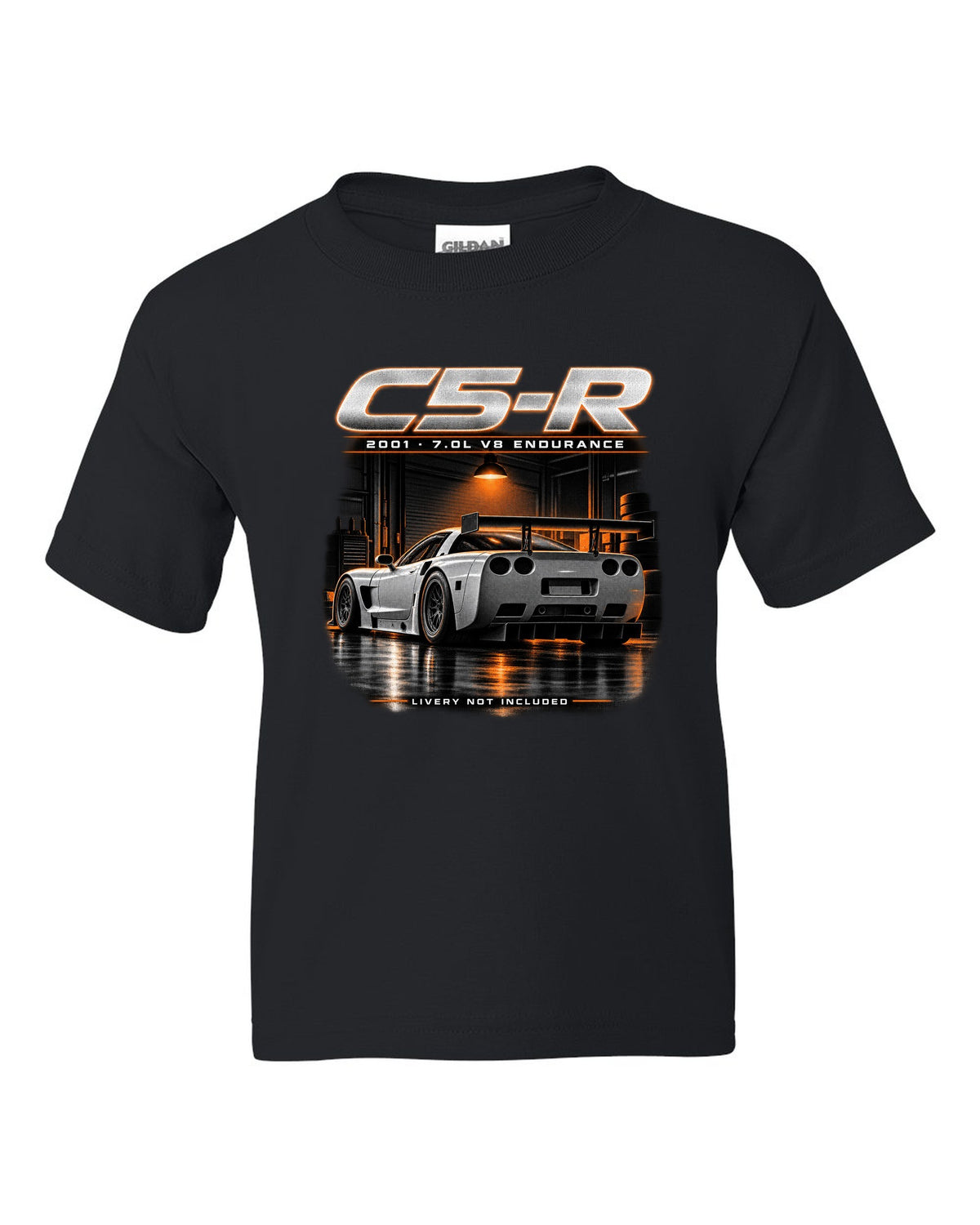 Corvette C5-R race car with big rear wing in a night garage black kids tee front view with the design
