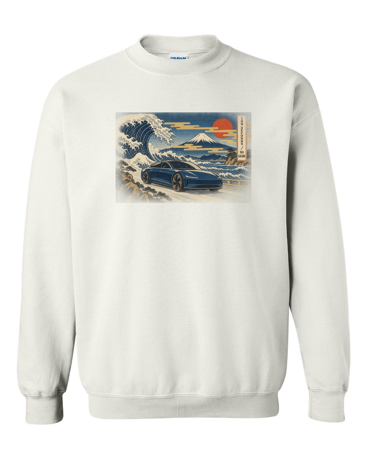Ukiyo-e woodblock print of a 2021 Tesla Model S Plaid with the words 1.99 Seconds No Gears white crewneck front view with the design
