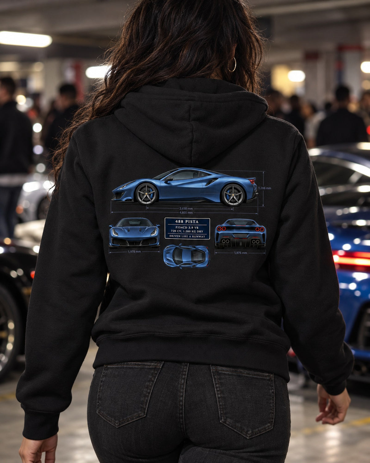 Ferrari 488 Pista Blueprint Shirt, F154CD V8 print Zip Hoodie Black worn hero