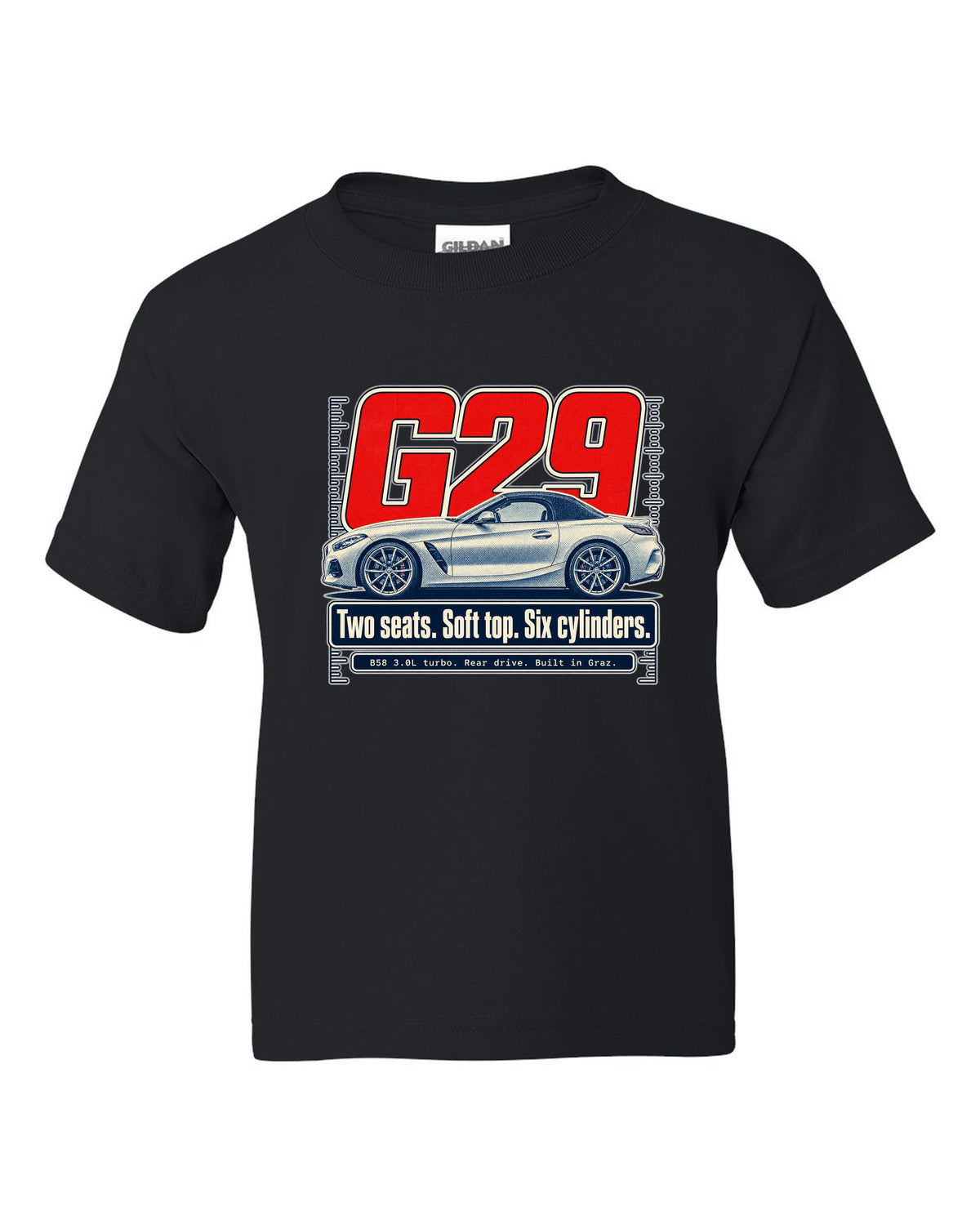 Halftone print of the BMW Z4 G29 roadster with two seats and six cylinders text black kids tee front view with the design
