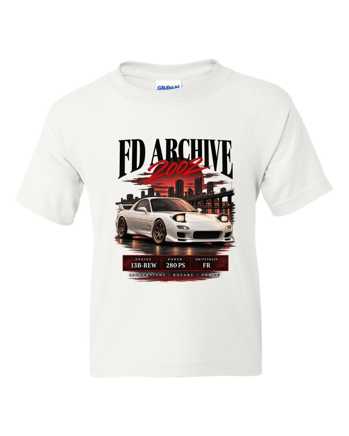 Archive panel print of the Mazda RX-7 FD3S Spirit R 2002 with spec lettering white kids tee front view with the design