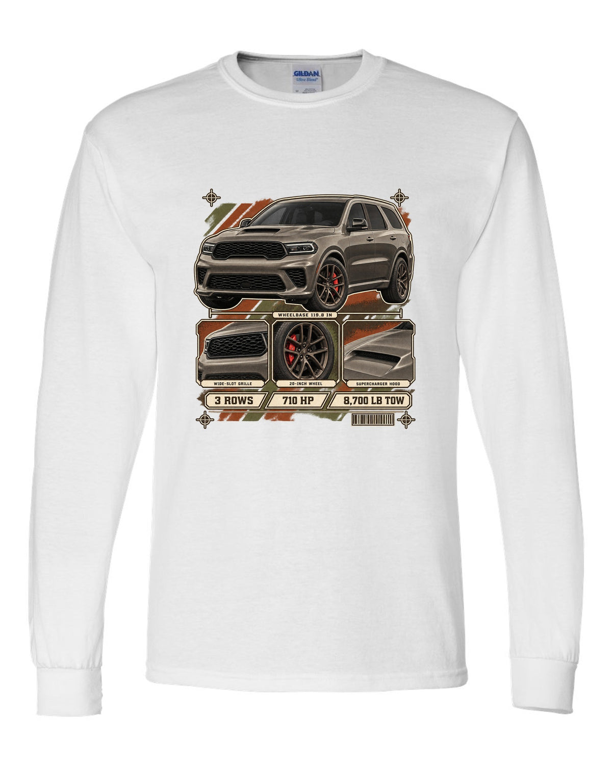 print of a 2021 Dodge Durango SRT Hellcat with spec dossier panels white long sleeve front view with the design