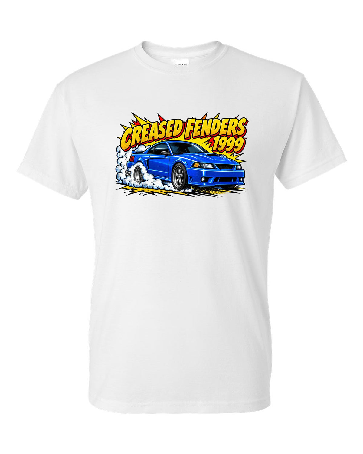 Comic halftone pop art 1999-2004 New Edge Ford Mustang coupe with burnout smoke white t-shirt front view with the design