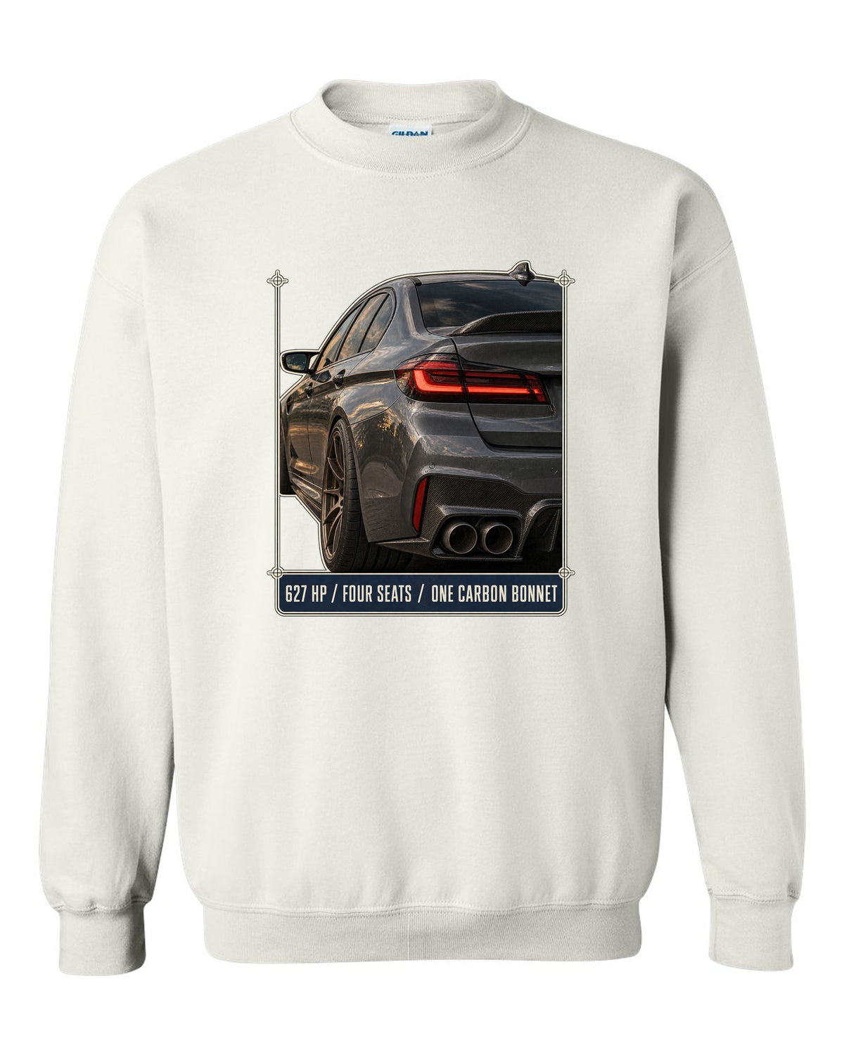 BMW M5 F90 CS taillight macro print with 627 HP, four seats and carbon bonnet text white crewneck front view with the design