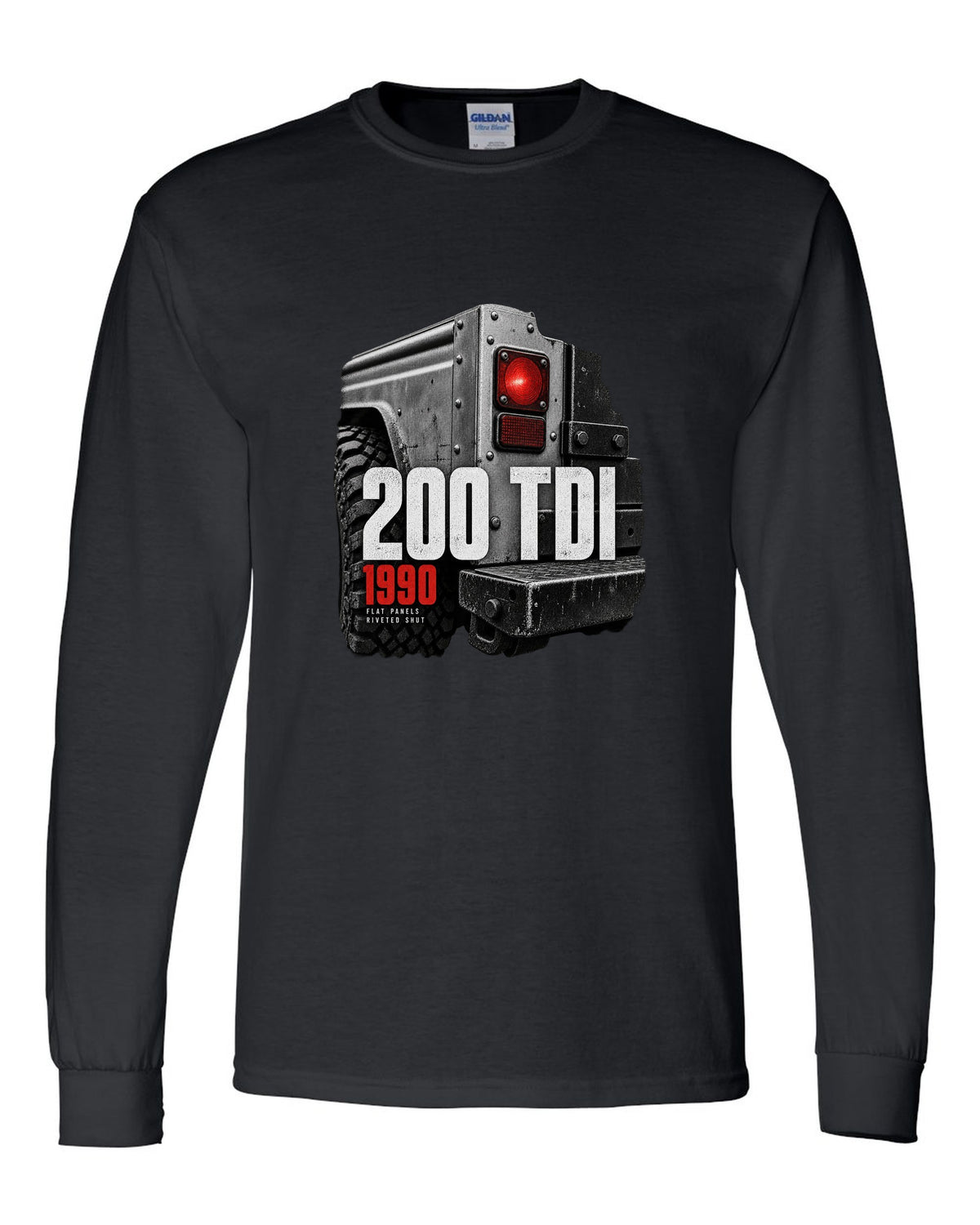 Land Rover Defender 200 Tdi taillight and riveted panel macro print black long sleeve front view with the design