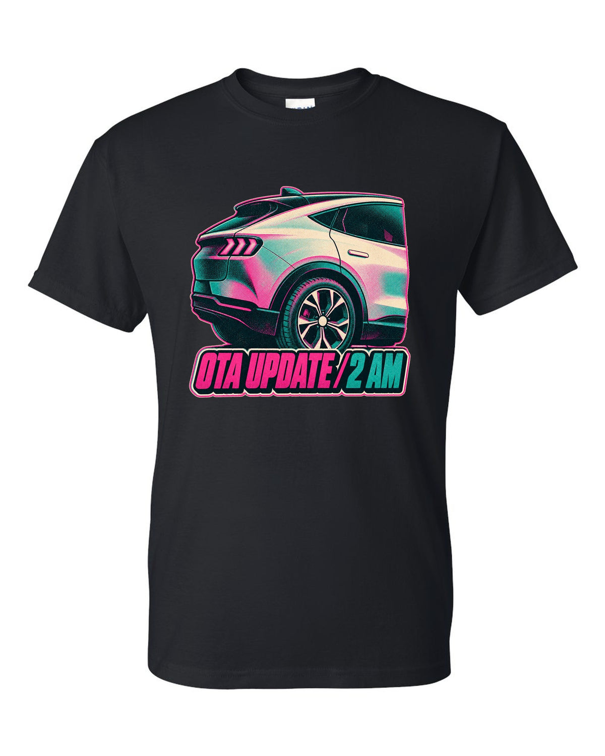 Risograph halftone wheel print of a 2020 Mustang Mach-E CX727 reading OTA Update 2 AM black t-shirt front view with the design