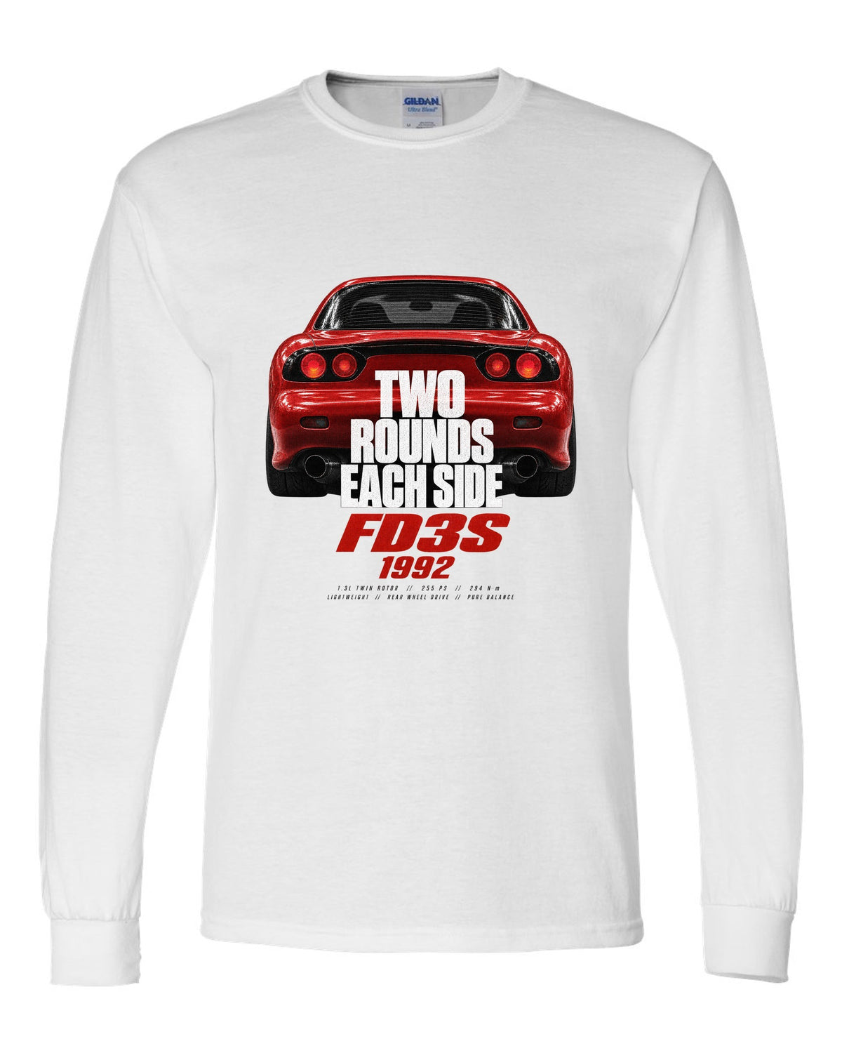 Taillight macro print of a Mazda RX-7 FD3S with round lamps white long sleeve front view with the design