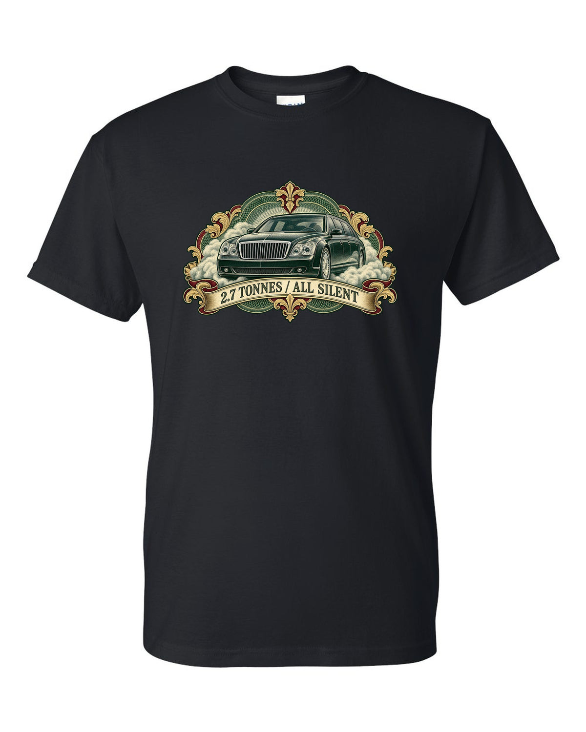 Engraved banknote style etching of a Maybach 57 W240 with 2.7 Tonnes All Silent text black t-shirt front view with the design