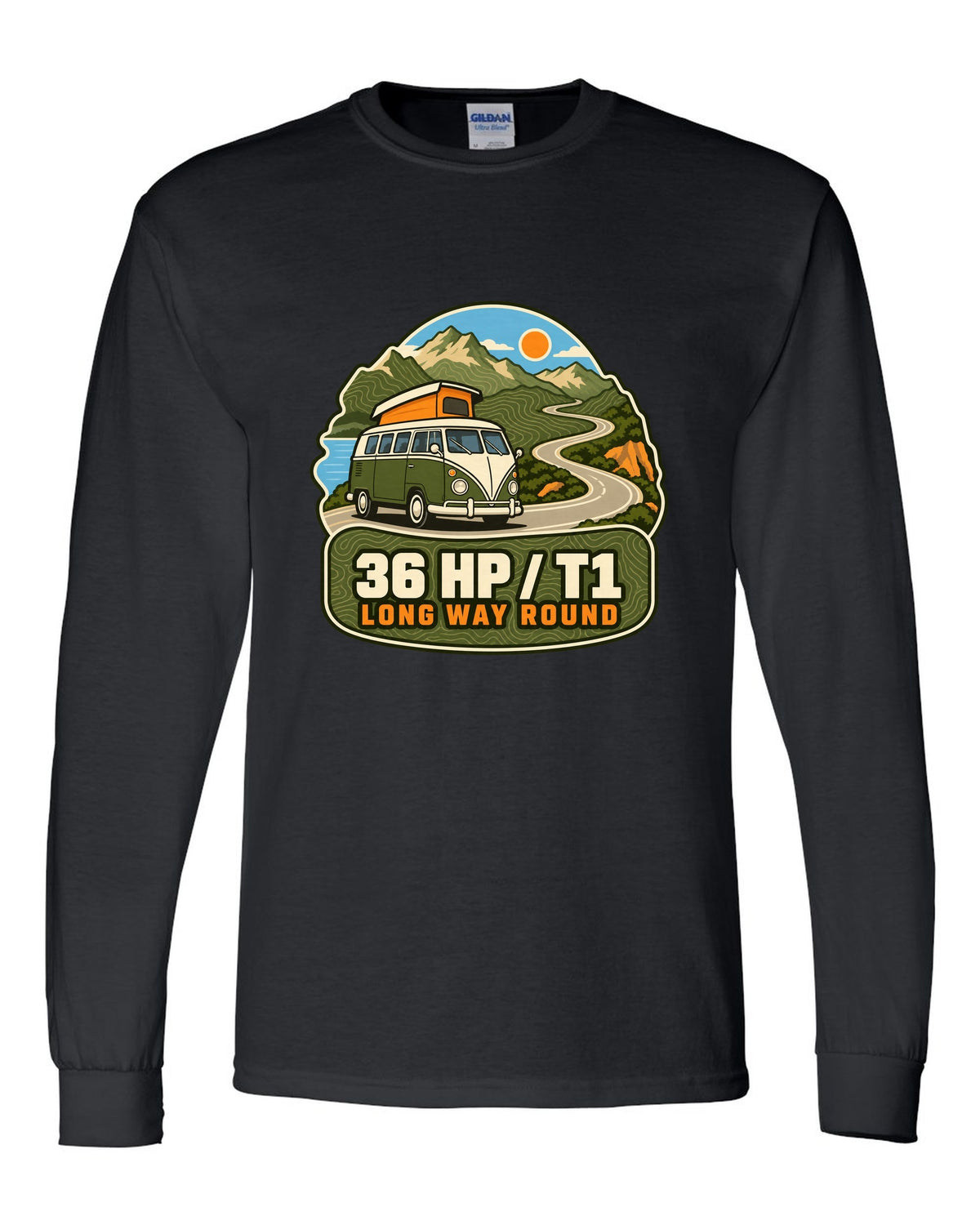Topographic route map print of a 1962 VW Bus T1 split-window with 36 HP lettering black long sleeve front view with the design
