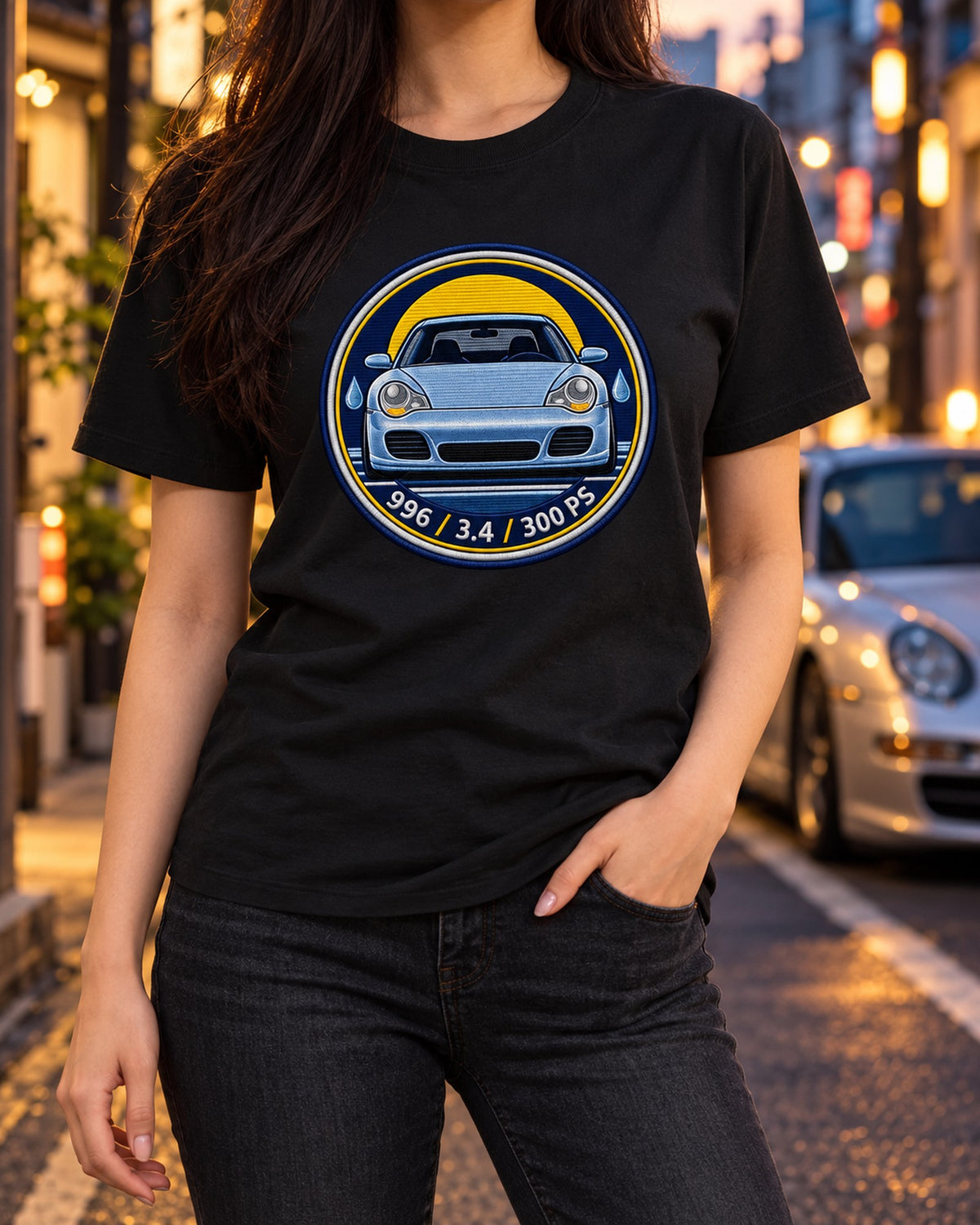 Porsche 997 Carrera Round Crest Shirt, 3.6 Flat-Six 325 PS T-Shirt Black worn hero