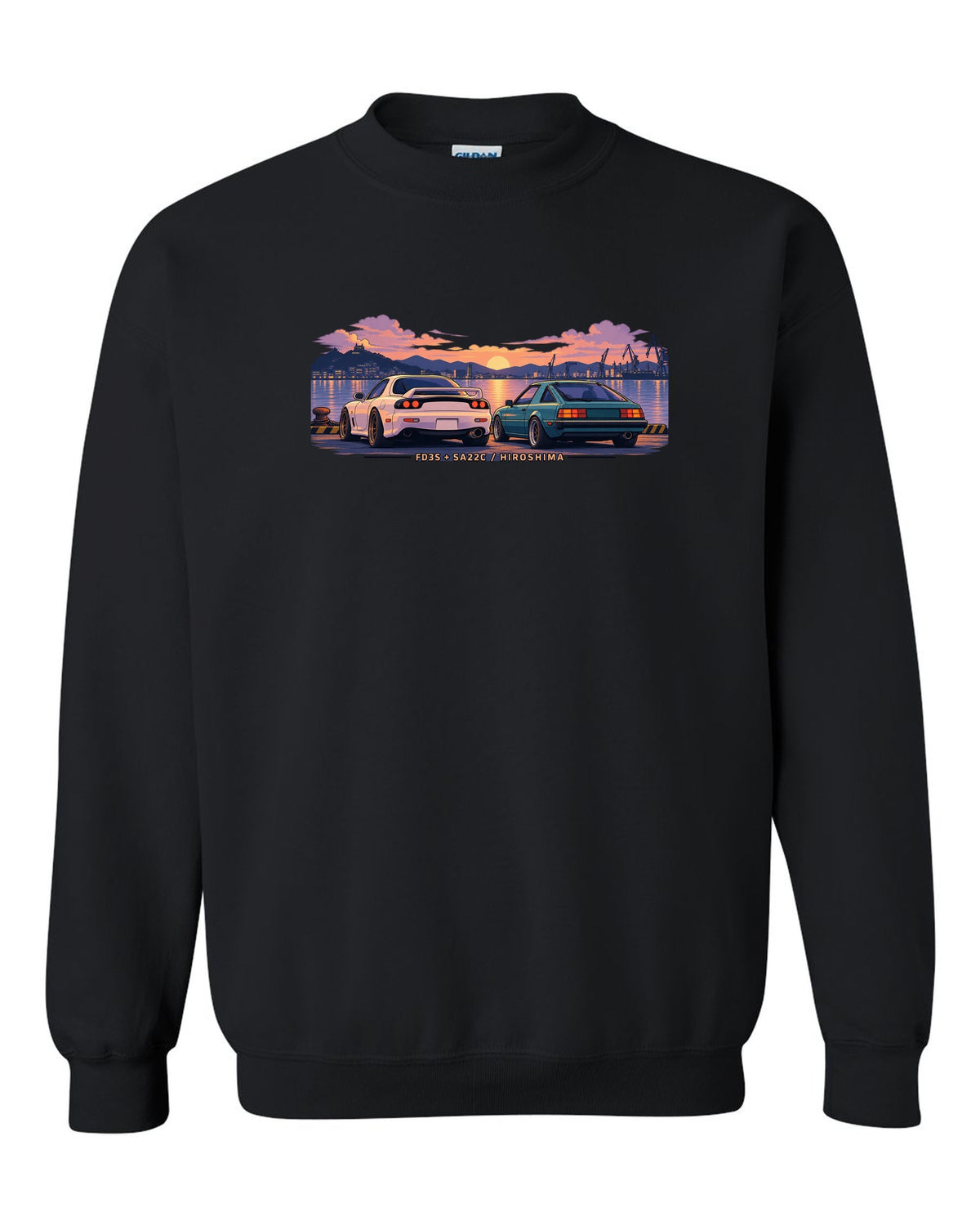 Ukiyo-e woodblock illustration of a Mazda RX-7 FD3S on a touge hairpin with 50/50 / 1280 KG lettering black crewneck front view with the design