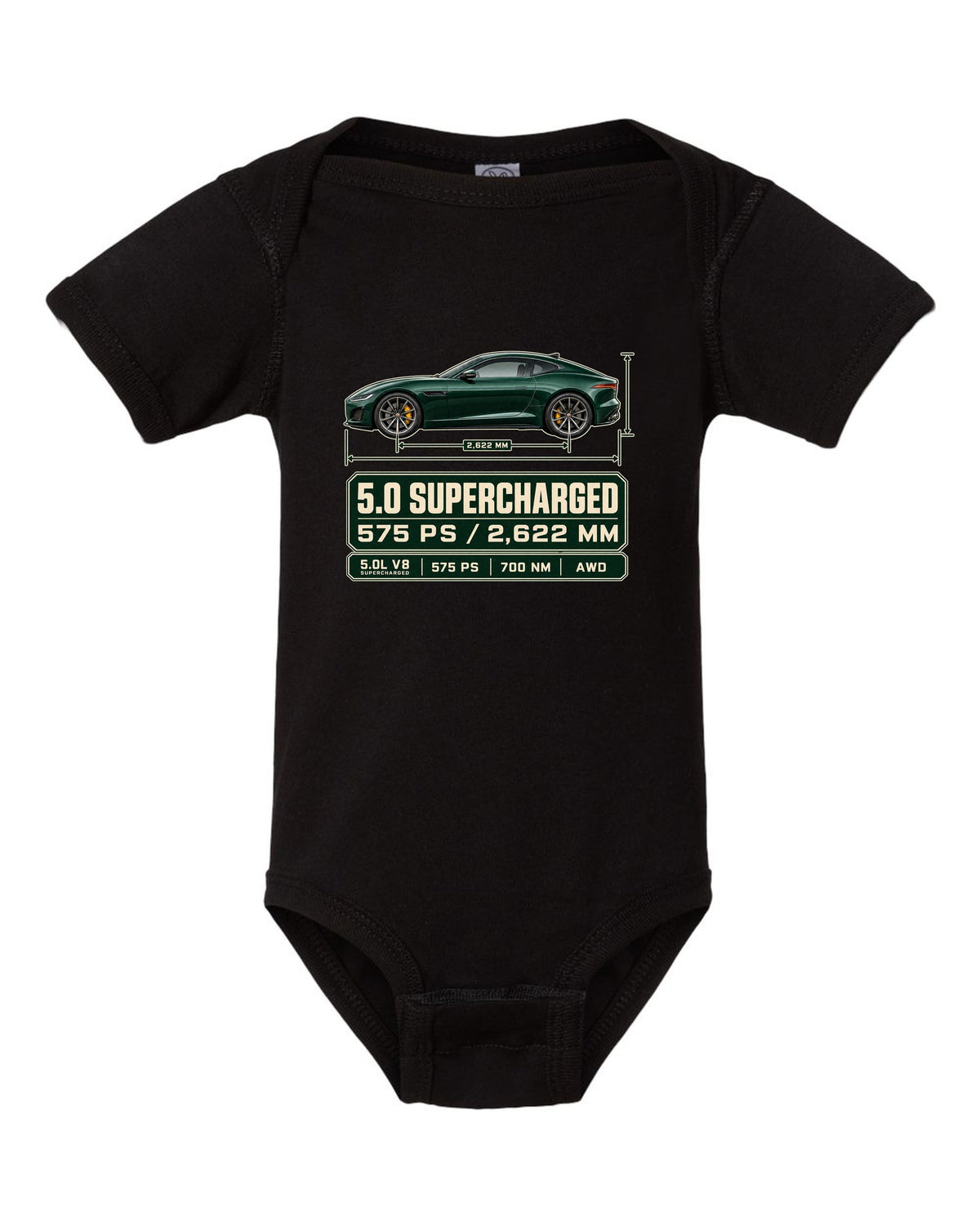 Spec poster print of the Jaguar F-Type R Coupe with 5.0 supercharged and 575 PS text black baby onesie front view with the design