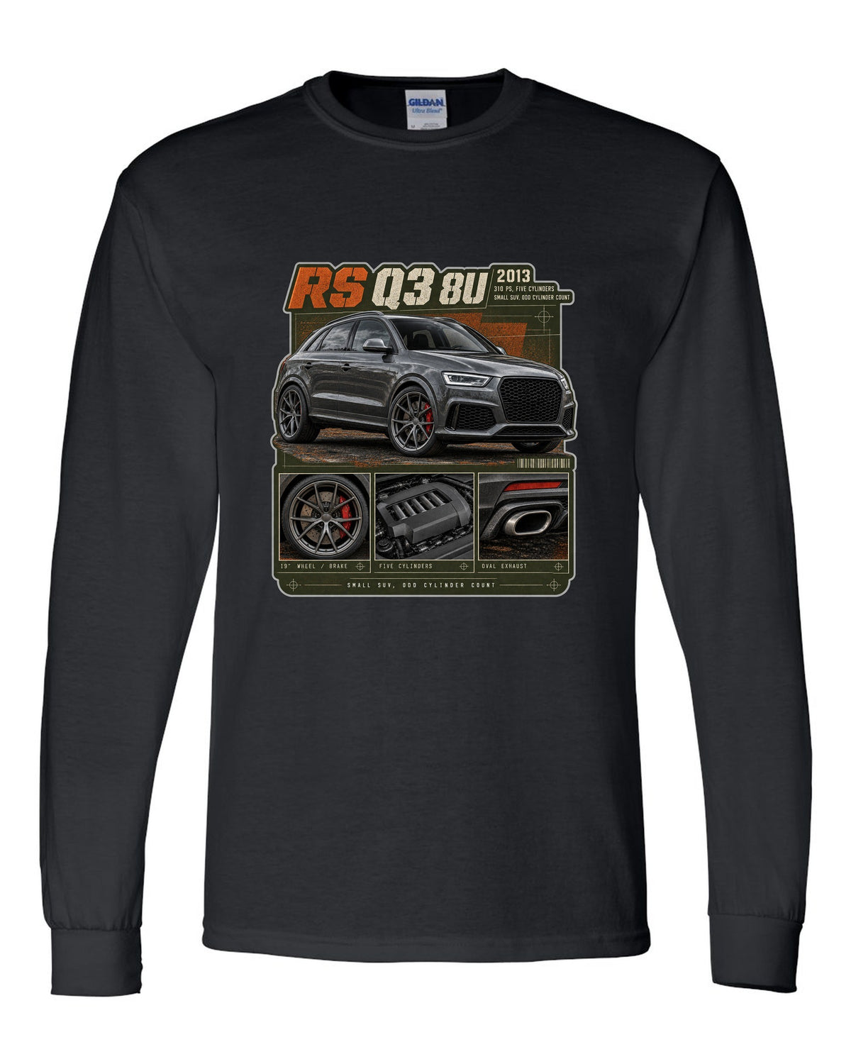 Audi RS Q3 8U dossier panels print with 310 PS five-cylinder text black long sleeve front view with the design