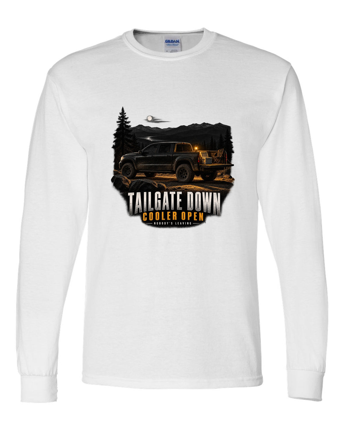Jeep Gladiator JT with tailgate down in a night garage print white long sleeve front view with the design