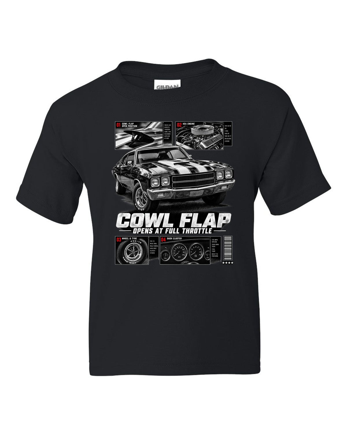1970 Chevelle SS 454 dossier panel print with cowl flap detail black kids tee front view with the design
