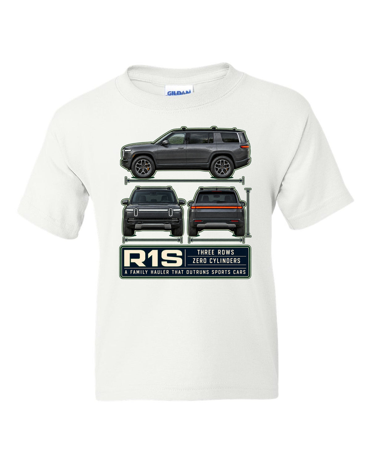 Three-view drawing with spec table print of the Rivian R1S seven-seat electric SUV white kids tee front view with the design
