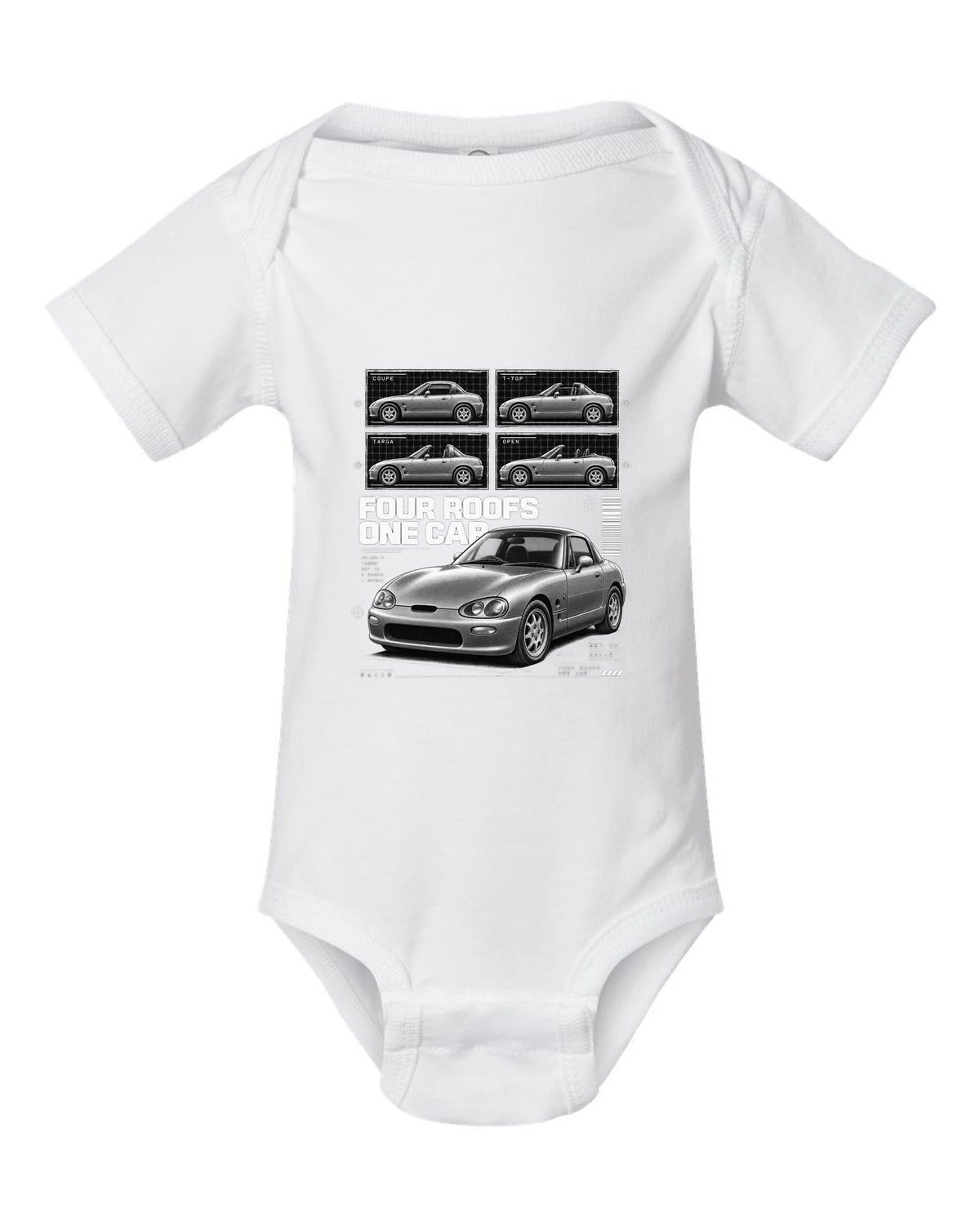 Dossier panel print of a Suzuki Cappuccino EA11R kei roadster white baby onesie front view with the design