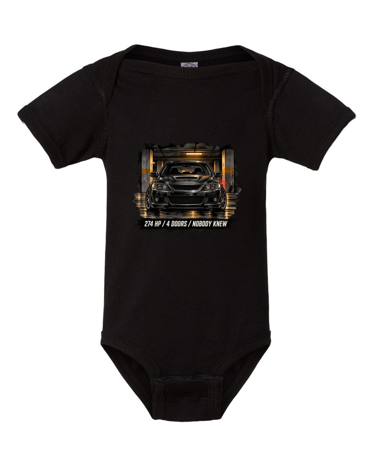 Noir ink wash illustration of a Mazdaspeed6 GG in a garage with 274 HP / 4 DOORS lettering black baby onesie front view with the design