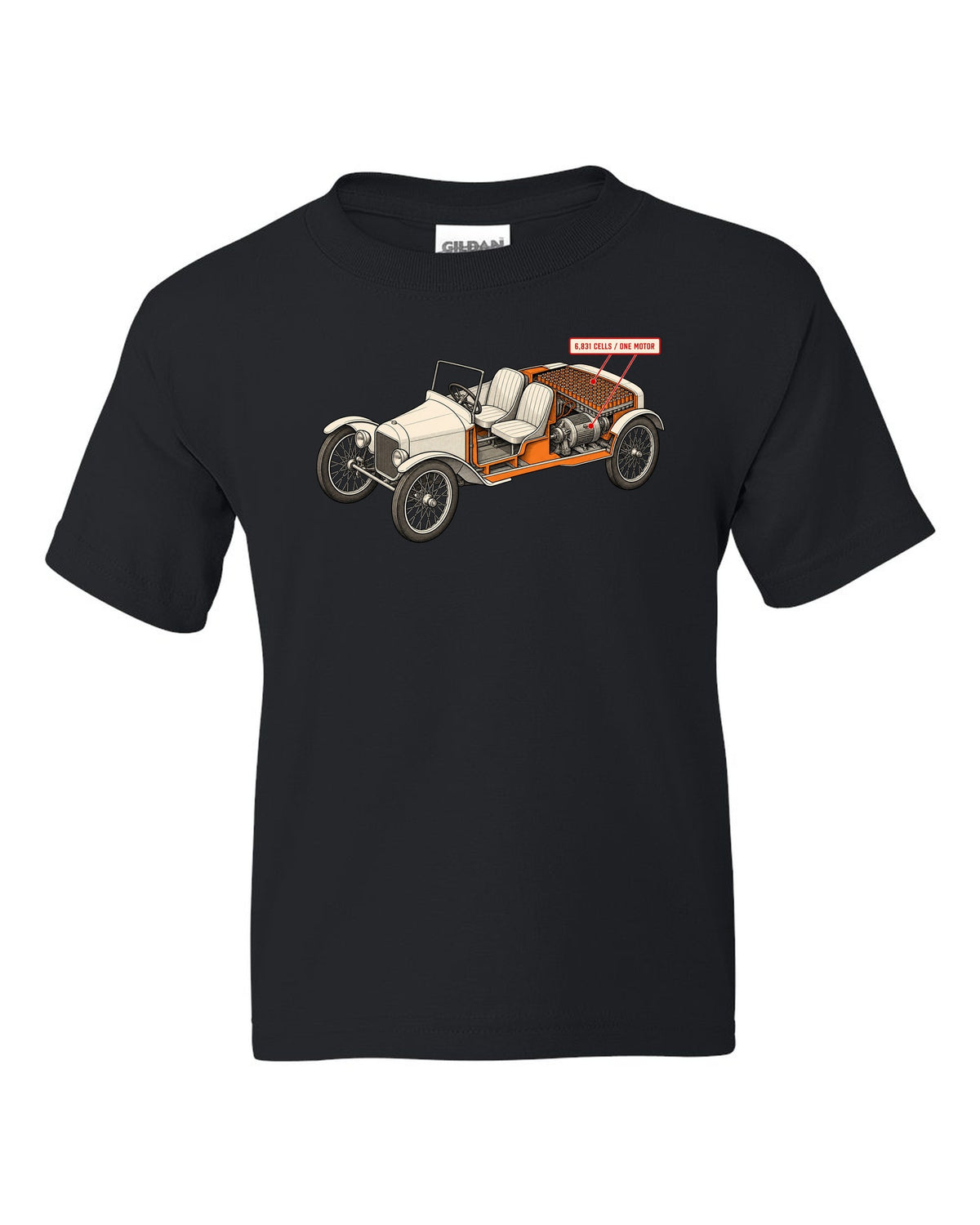 Isometric cutaway diagram print of a Tesla Roadster Gen 1 reading 6,831 Cells One Motor black kids tee front view with the design