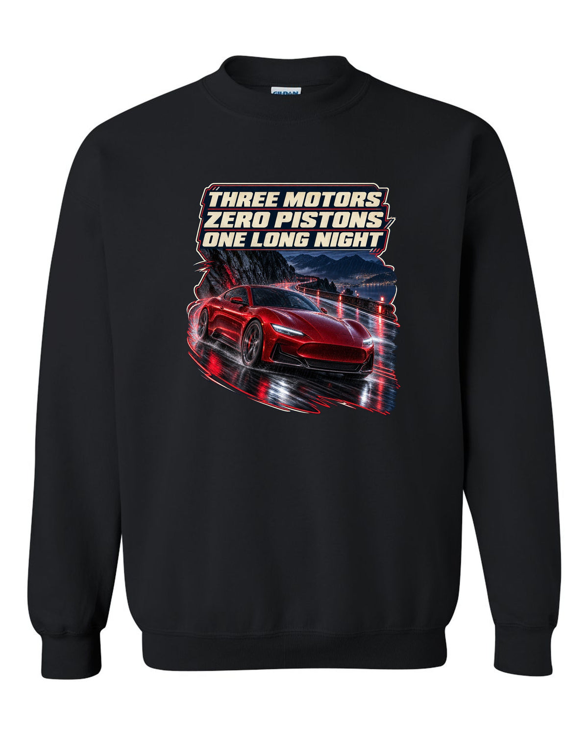 Maserati GranTurismo Folgore night street print black crewneck front view with the design