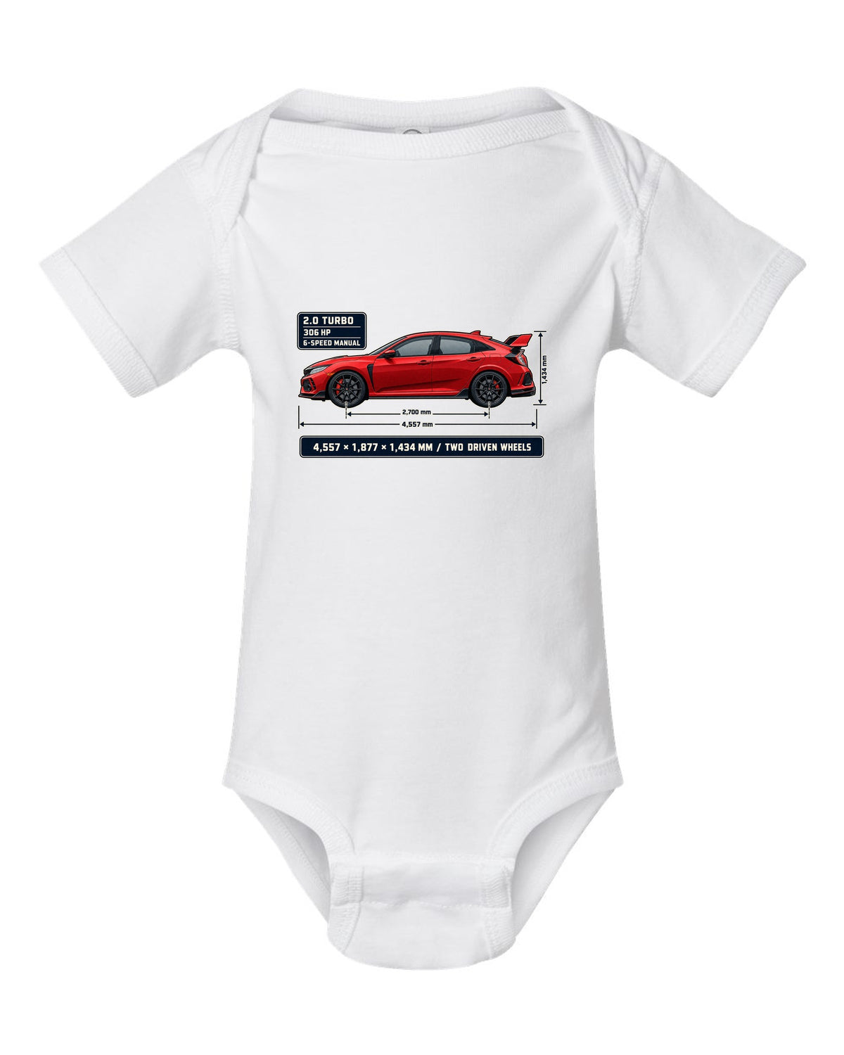 print dimension blueprint of a red Honda Civic Type R FK8 white baby onesie front view with the design
