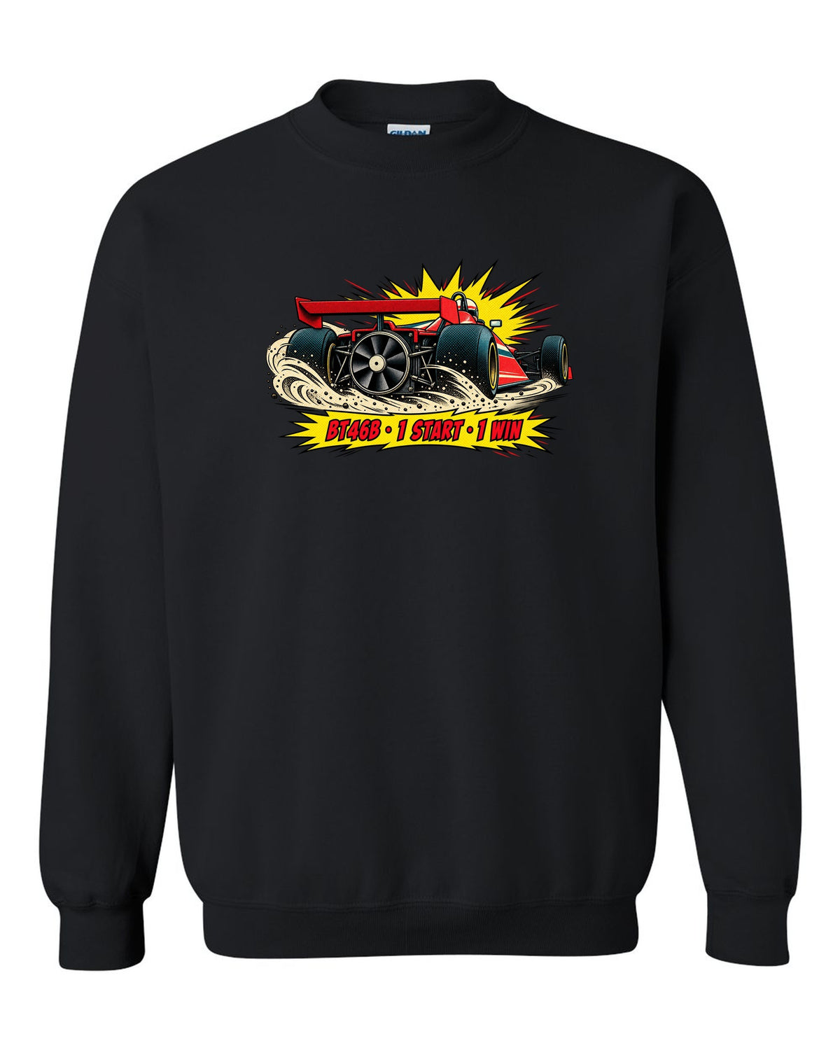 Comic halftone pop-art of the Brabham BT46B fan car with 1 start, 1 win text black crewneck front view with the design